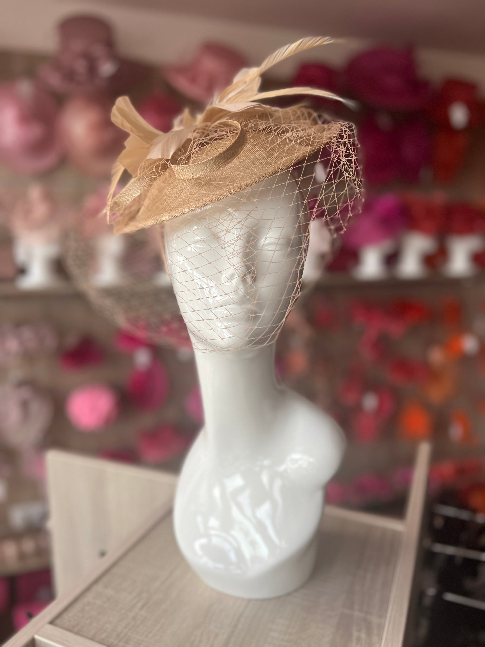 Gold Hatinator With Feather Flower & Veil-Fascinators Direct