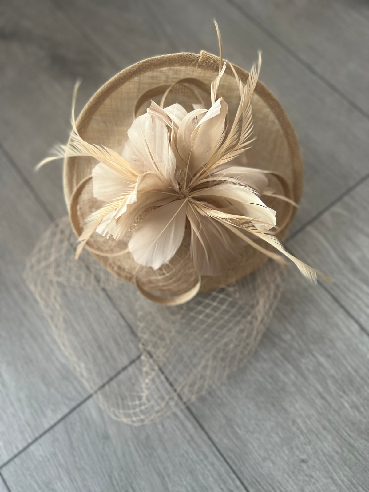 Gold Hatinator With Feather Flower &amp; Veil-Fascinators Direct