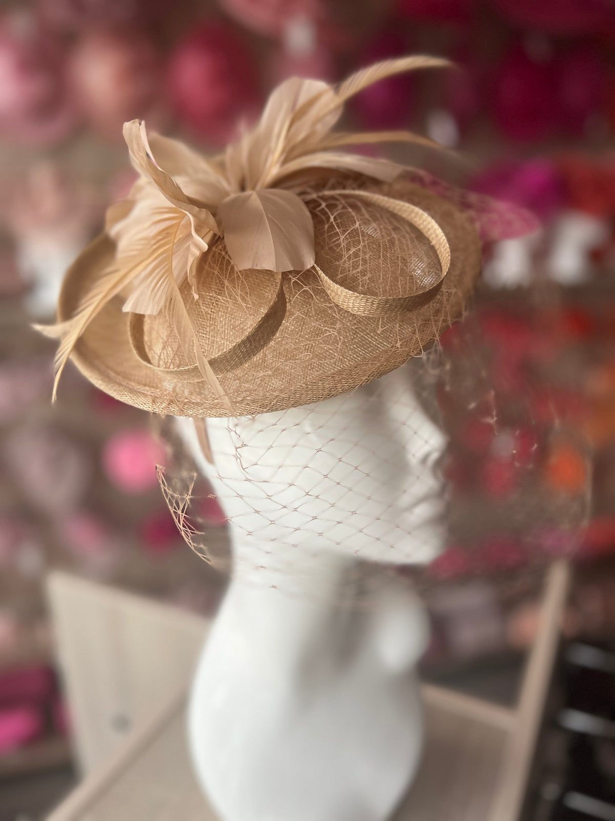 Gold Hatinator With Feather Flower &amp; Veil-Fascinators Direct