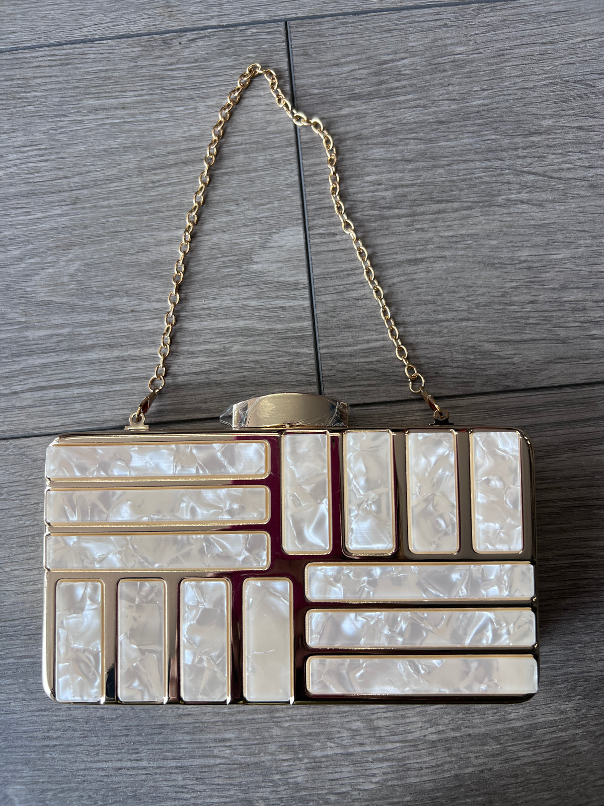 Gold &amp; Ivory Shell Art Deco Style Box Clutch Bag-Fascinators Direct