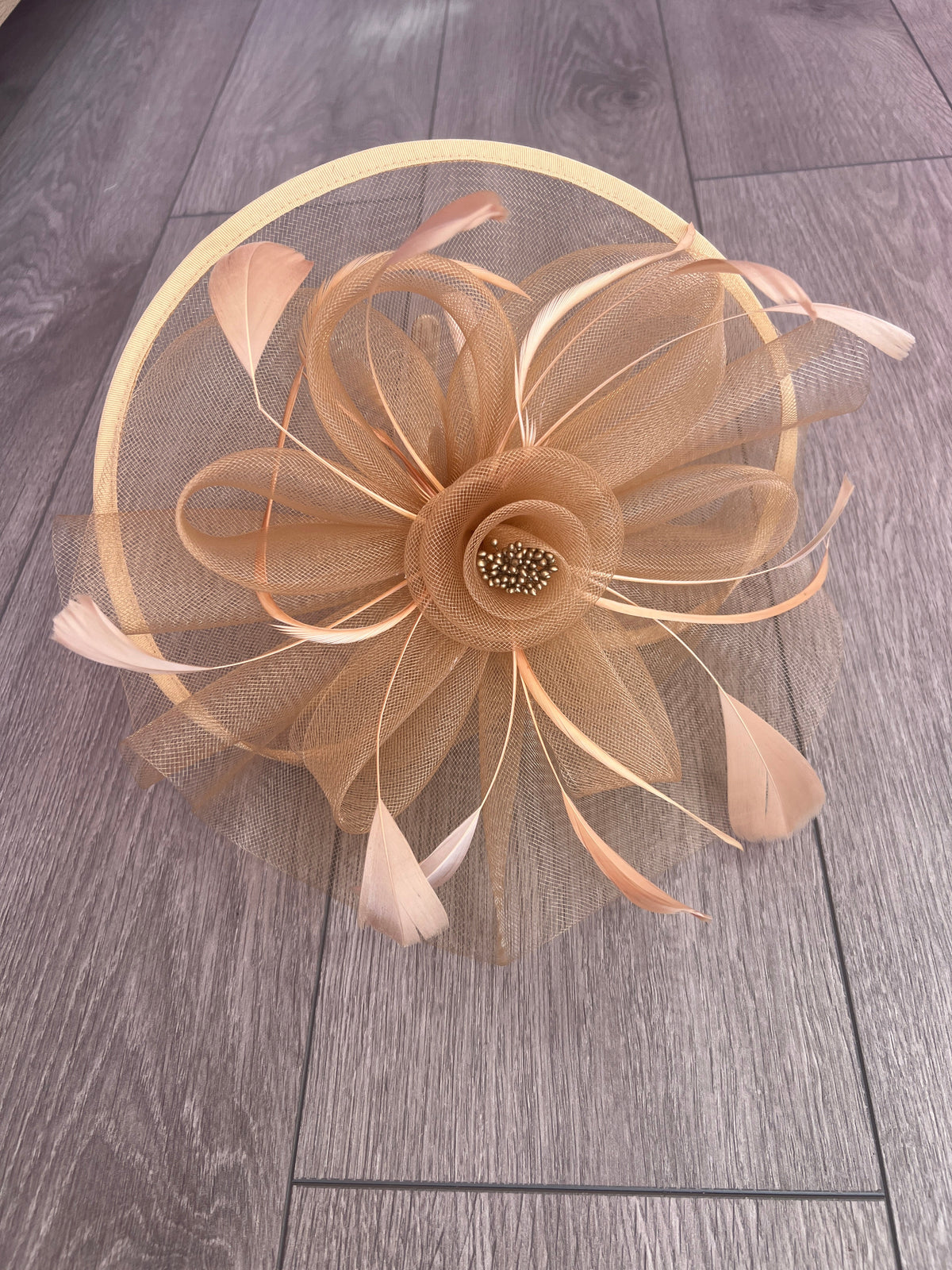 Gold Large Crinoline Disc Fascinator Flower &amp; Feathers-Fascinators Direct