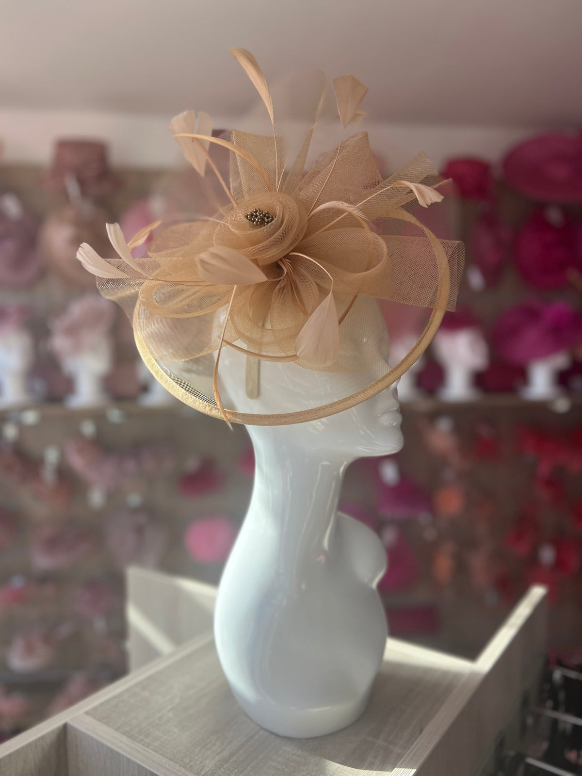 Gold Large Crinoline Disc Fascinator Flower &amp; Feathers-Fascinators Direct