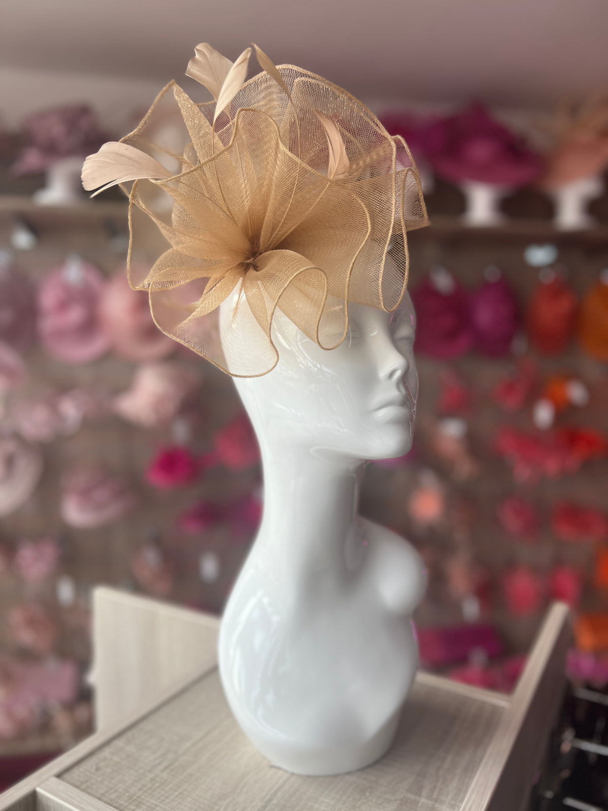Gold Large Fascinator Frilled Mesh with Feathers-Fascinators Direct