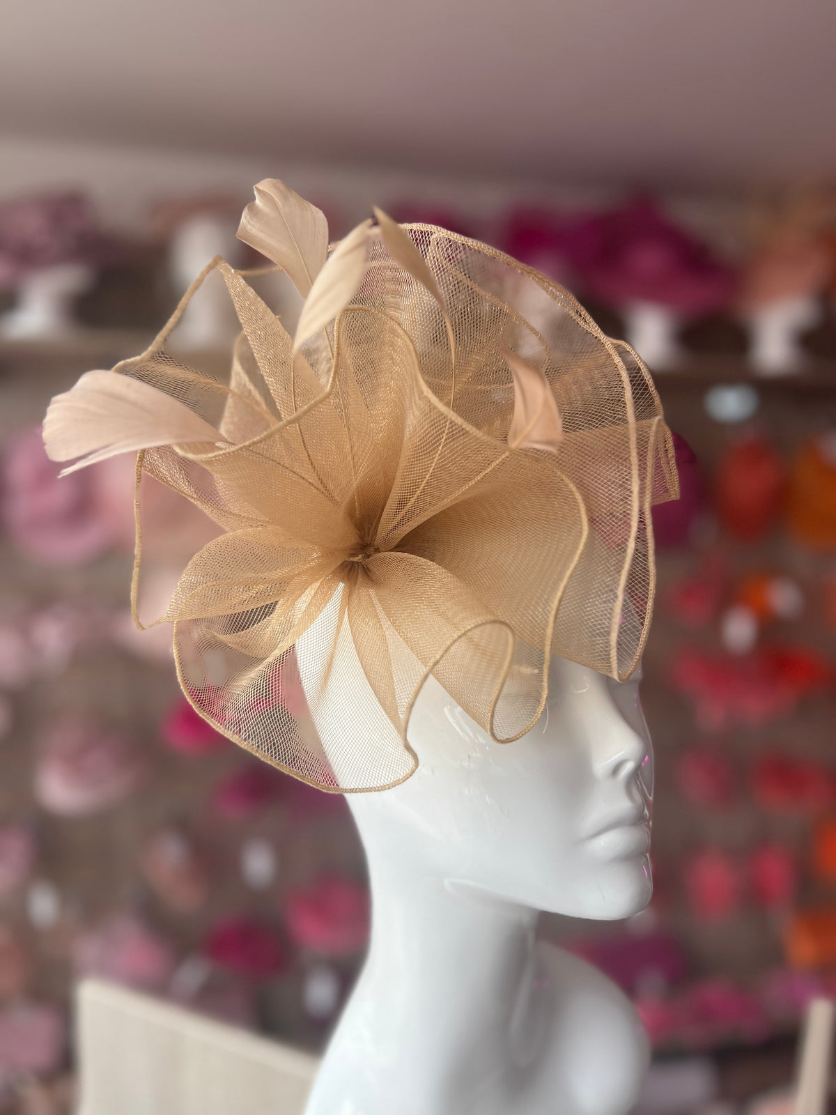 Gold Large Fascinator Frilled Mesh with Feathers-Fascinators Direct