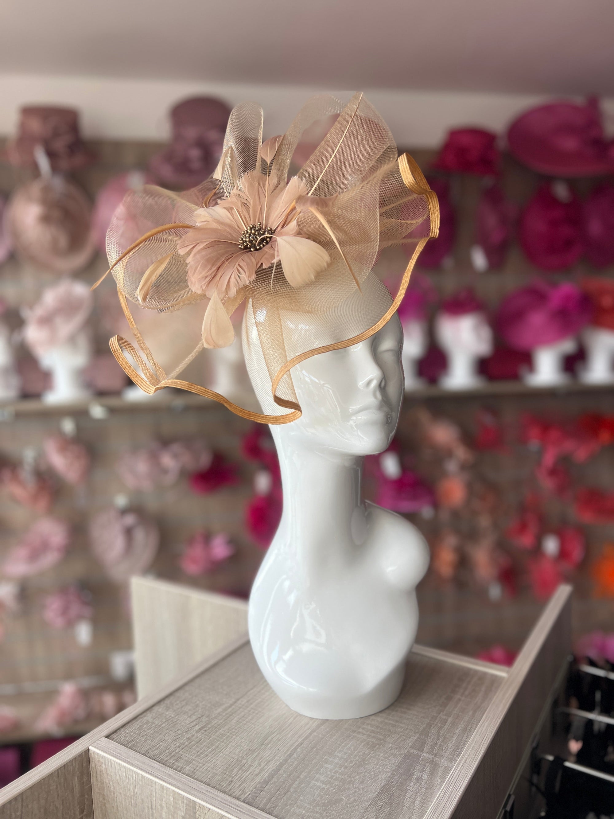 Gold Large Fascinator with Ruched Crinoline & Flower-Fascinators Direct