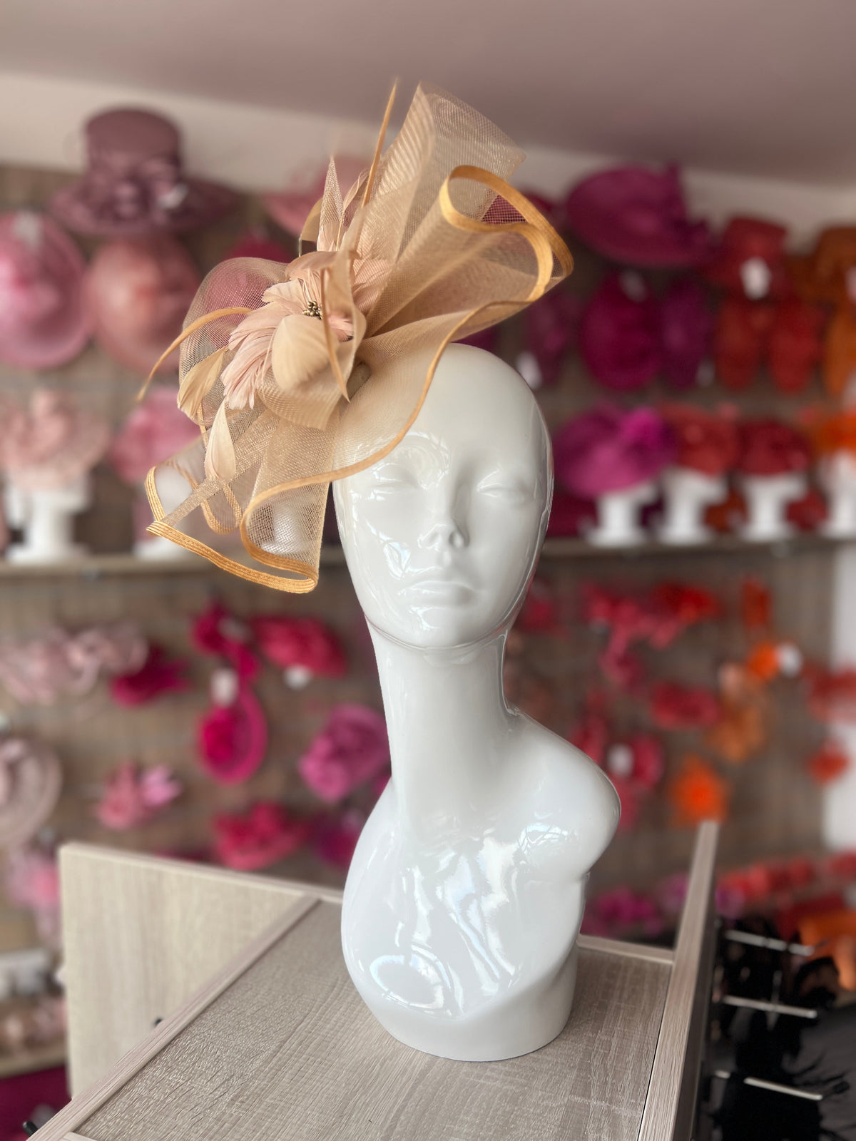 Gold Large Fascinator with Ruched Crinoline &amp; Flower-Fascinators Direct