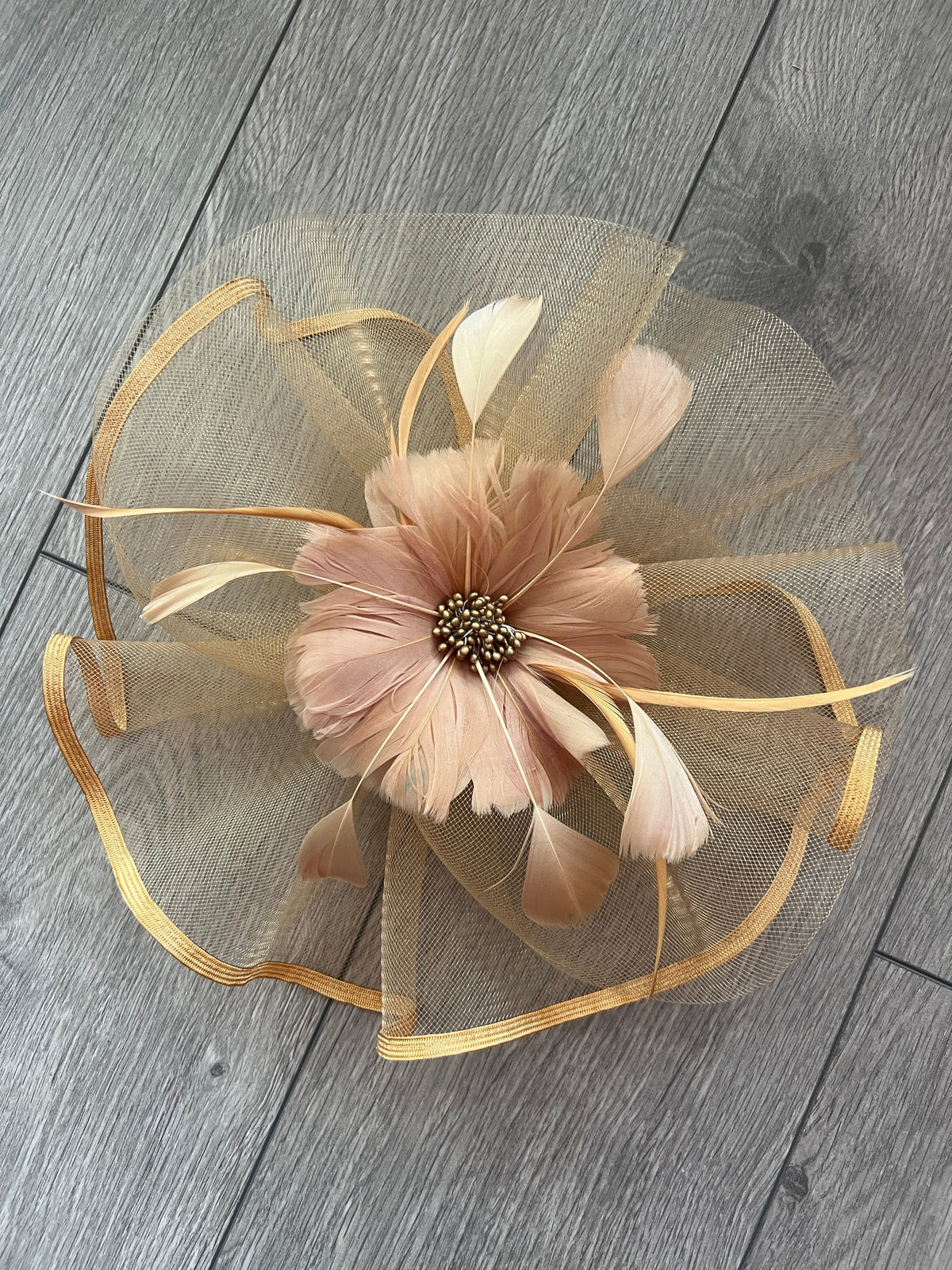 Gold Large Fascinator with Ruched Crinoline &amp; Flower-Fascinators Direct