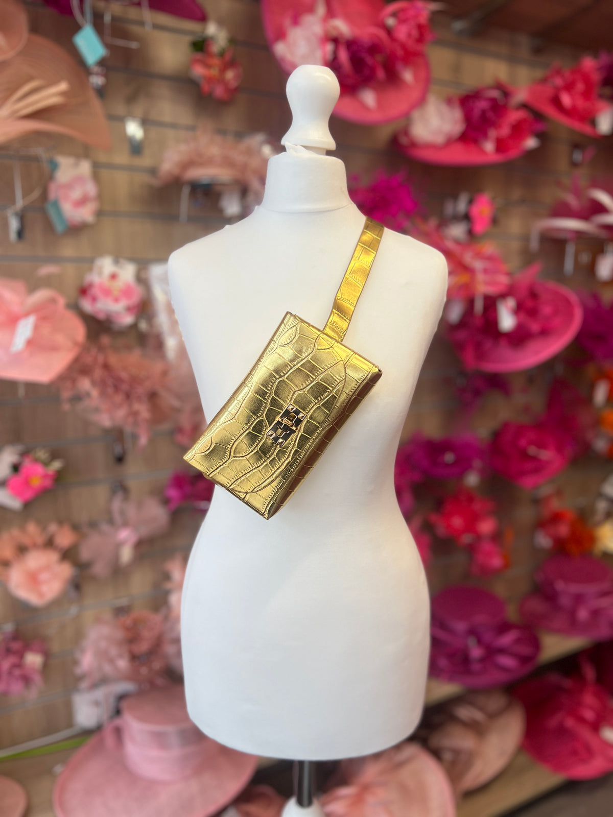Gold Mini Crocodile Embossed Belt Bag-Fascinators Direct
