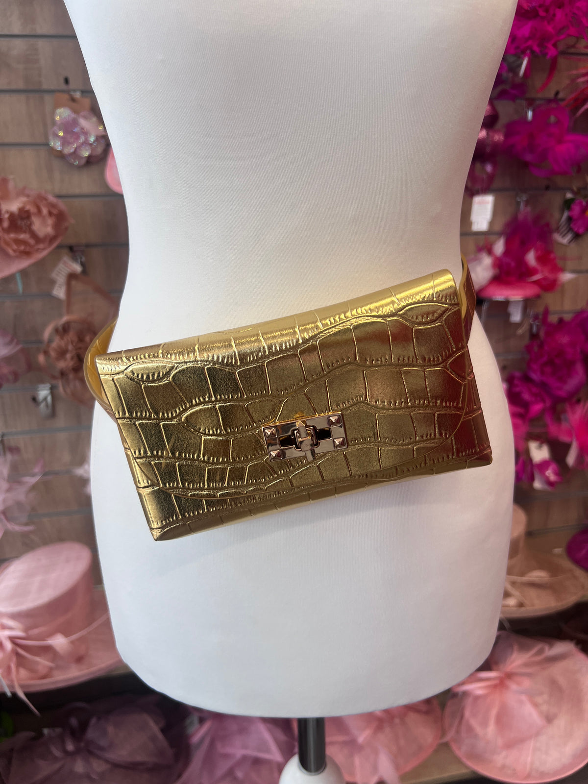 Gold Mini Crocodile Embossed Belt Bag-Fascinators Direct