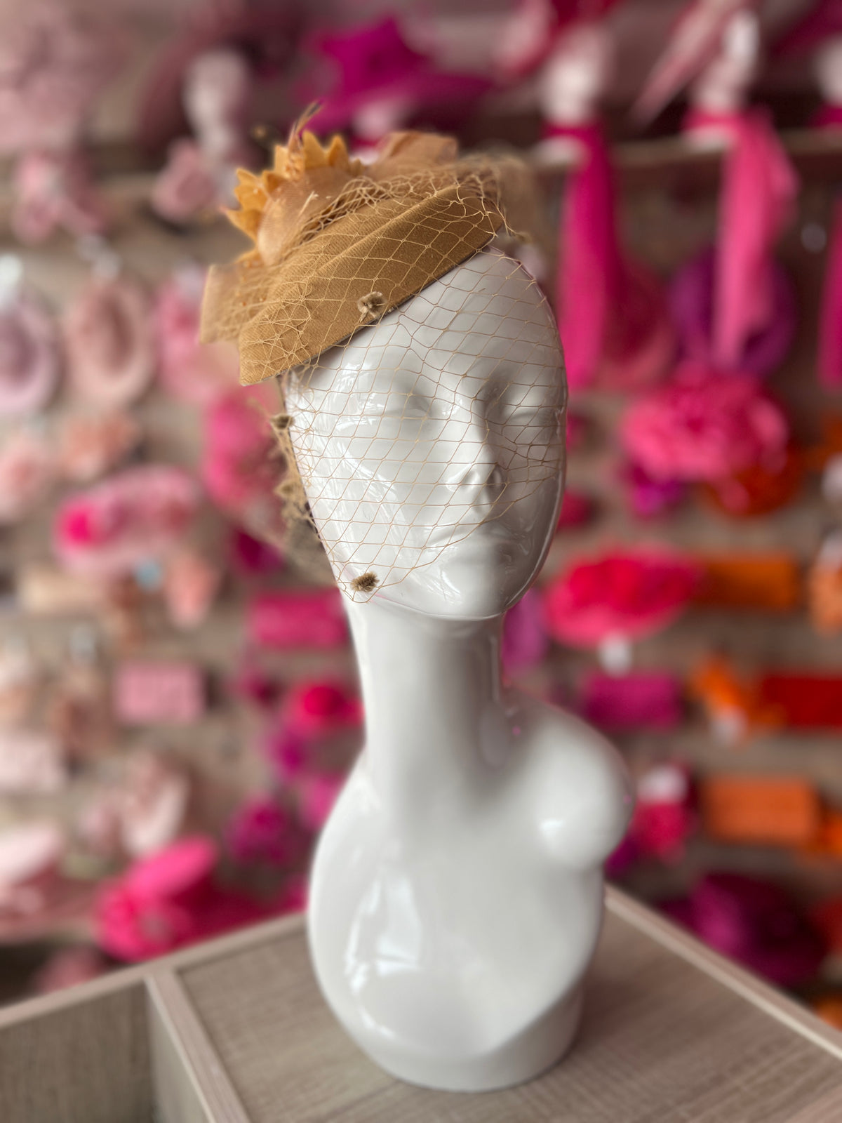 Gold Pillbox Hat Fascinator With Flower &amp; Veil-Fascinators Direct