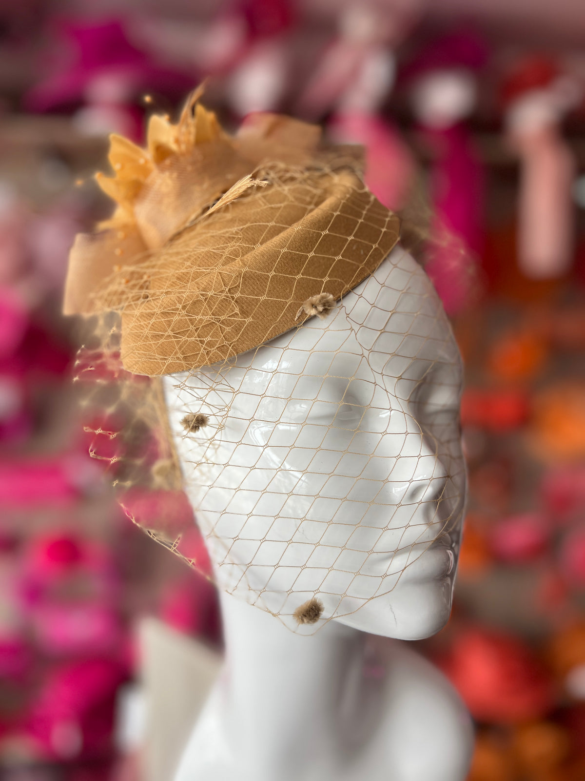 Gold Pillbox Hat Fascinator With Flower &amp; Veil-Fascinators Direct