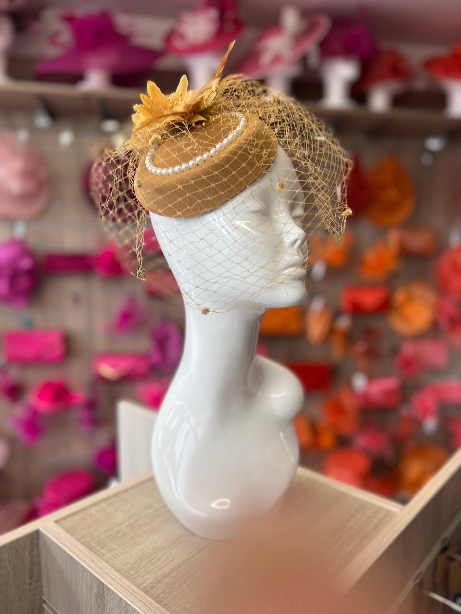 Gold Pillbox Hat With Flower,Veil & Pearls-Fascinators Direct