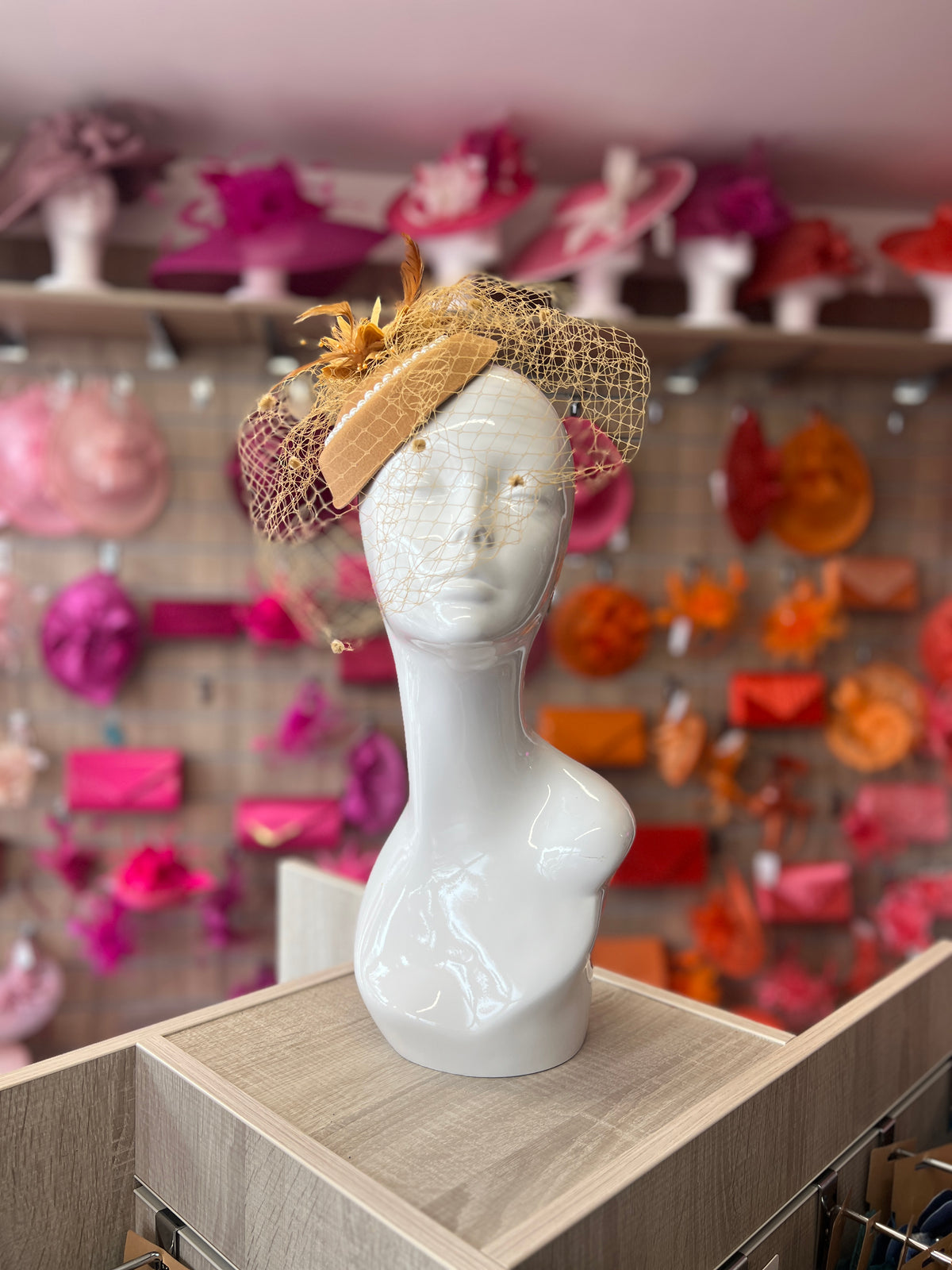 Gold Pillbox Hat With Flower,Veil &amp; Pearls-Fascinators Direct