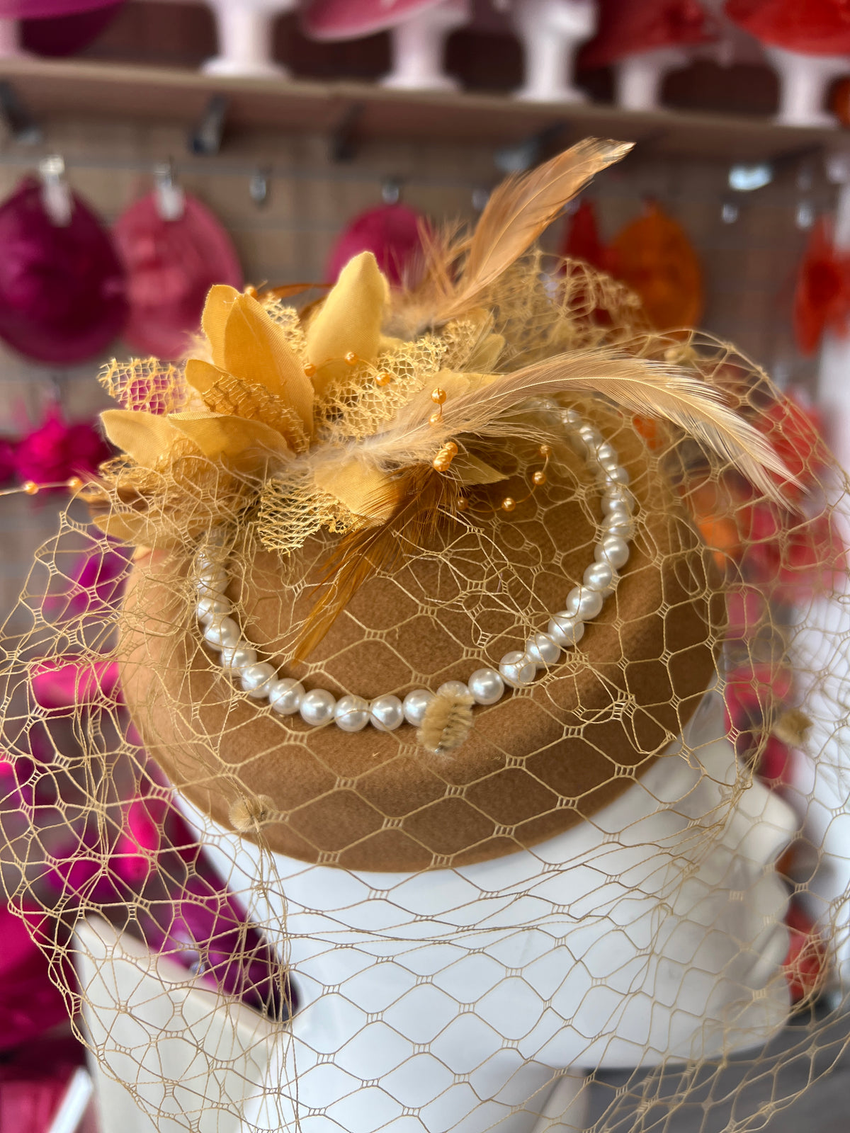 Gold Pillbox Hat With Flower,Veil &amp; Pearls-Fascinators Direct