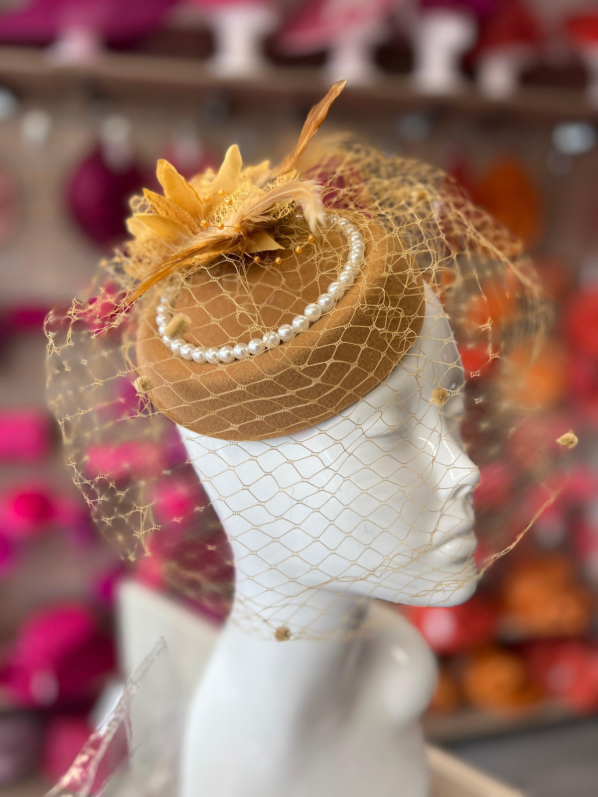 Gold Pillbox Hat With Flower,Veil &amp; Pearls-Fascinators Direct