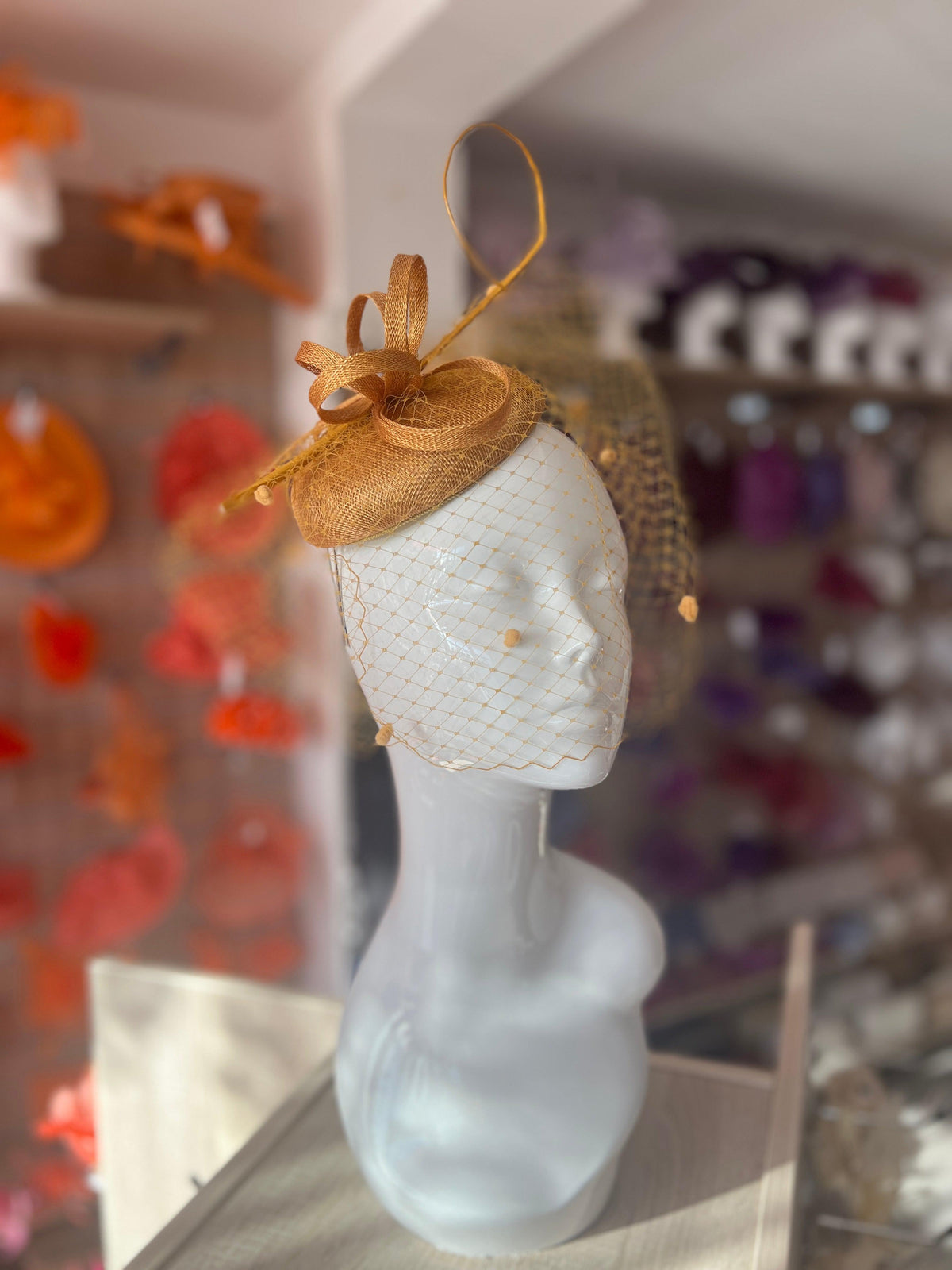 Gold Pillbox Hat with Veil &amp; Curled Quill-Fascinators Direct