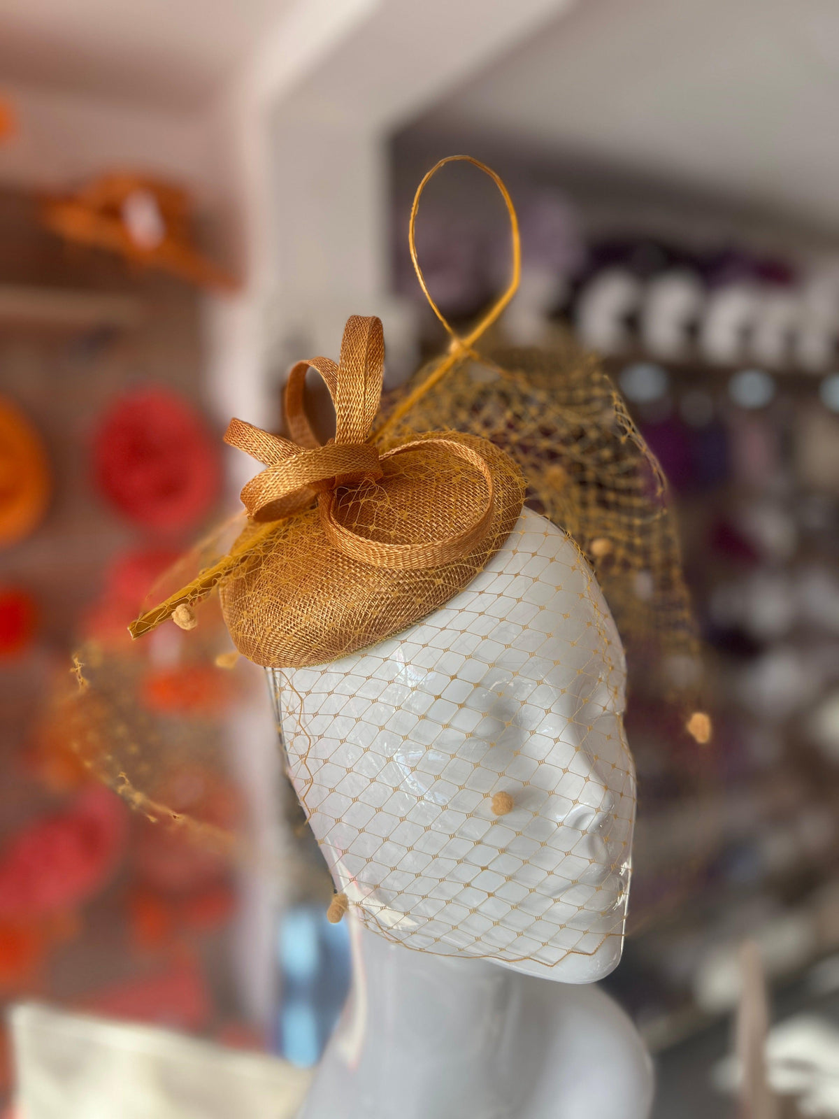 Gold Pillbox Hat with Veil &amp; Curled Quill-Fascinators Direct