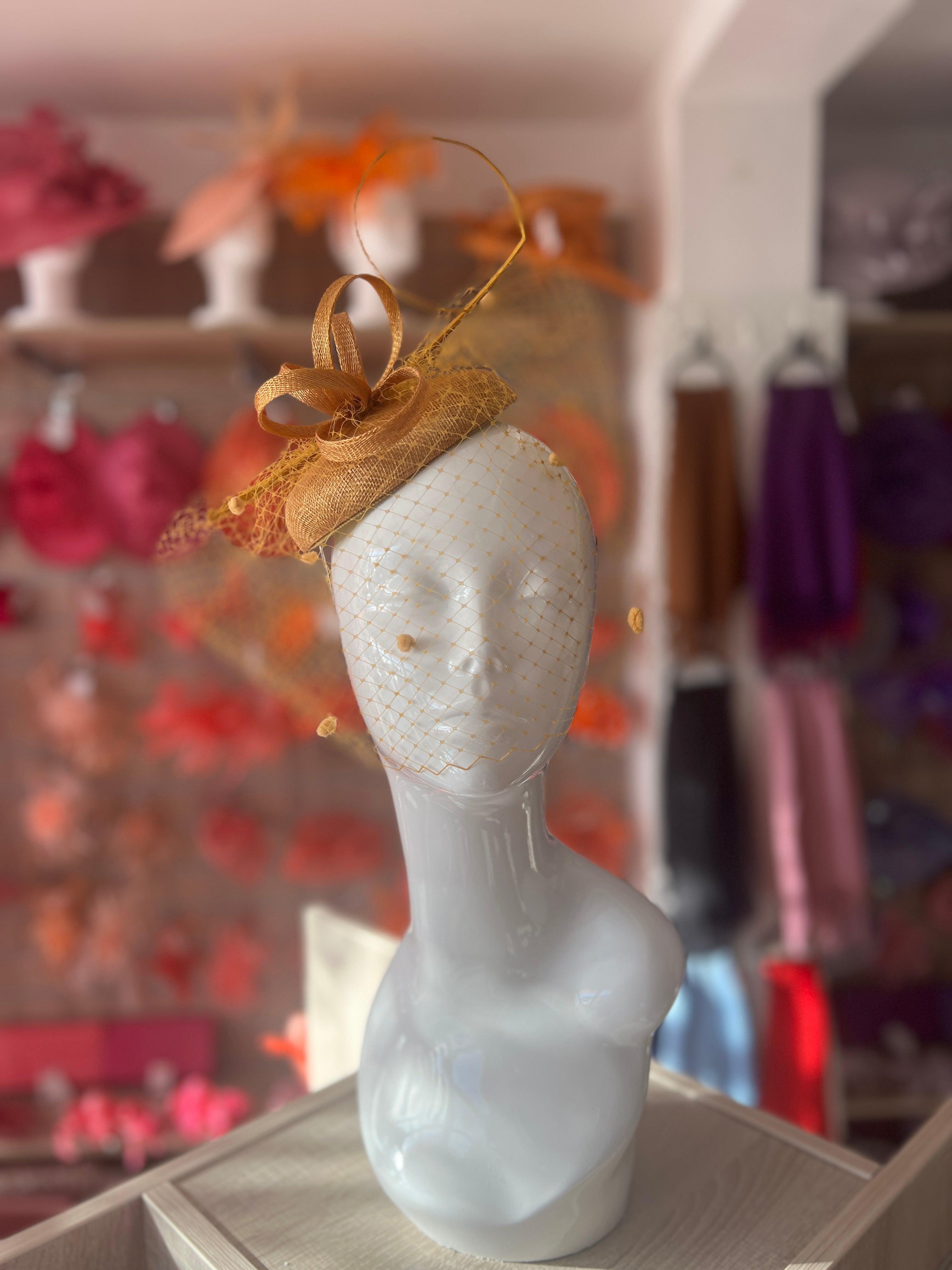 GOLD PILL BOX HAT Pale Gold Pillbox Hat with Veil & Curled Quill main image 2