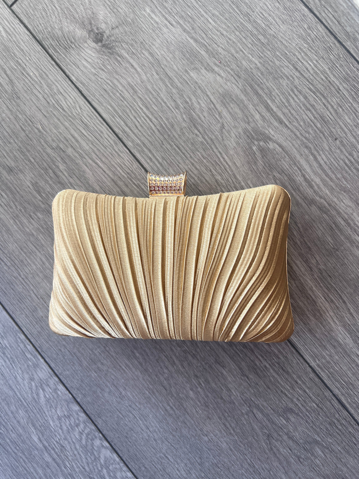 Gold Pleated Box Clutch Bag With Diamante Clasp-Fascinators Direct