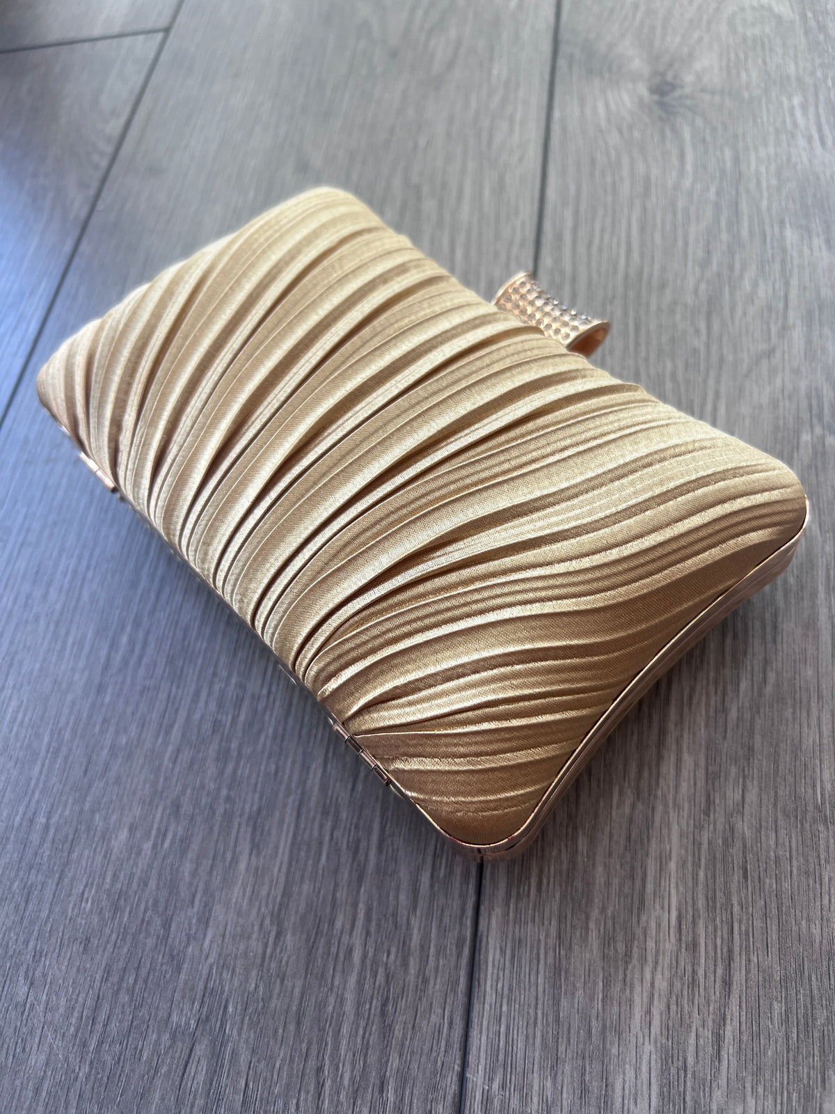 Gold Pleated Box Clutch Bag With Diamante Clasp-Fascinators Direct