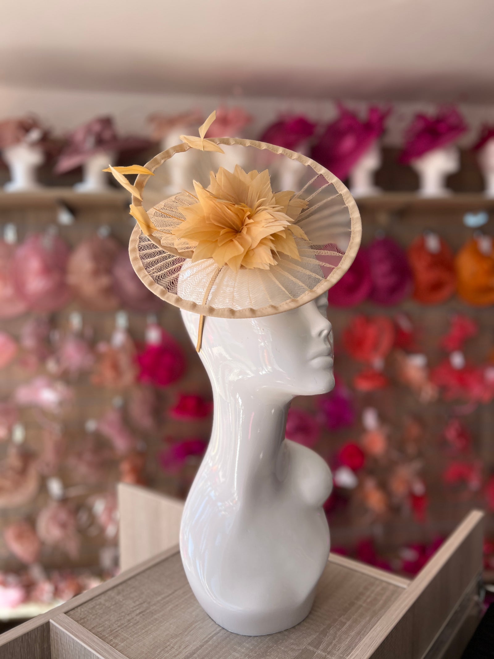 Gold Pleated Spiral Fascinator With Feather Flower-Fascinators Direct