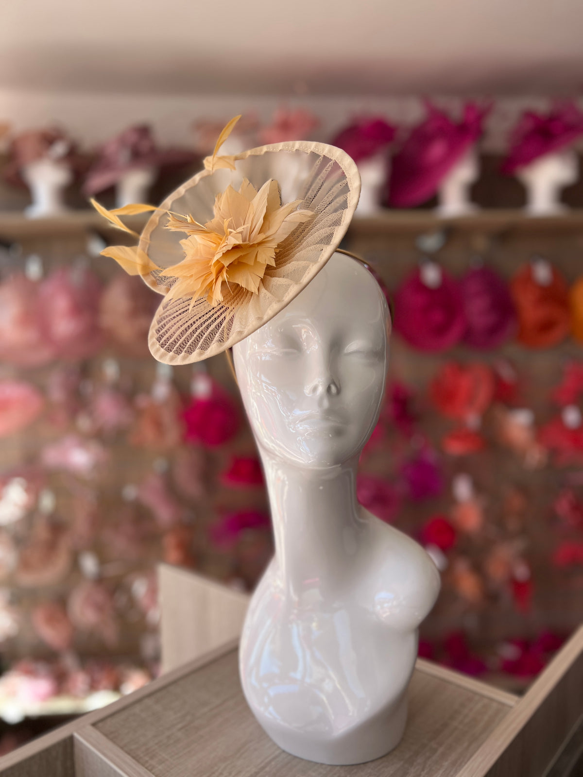 Gold Pleated Spiral Fascinator With Feather Flower-Fascinators Direct