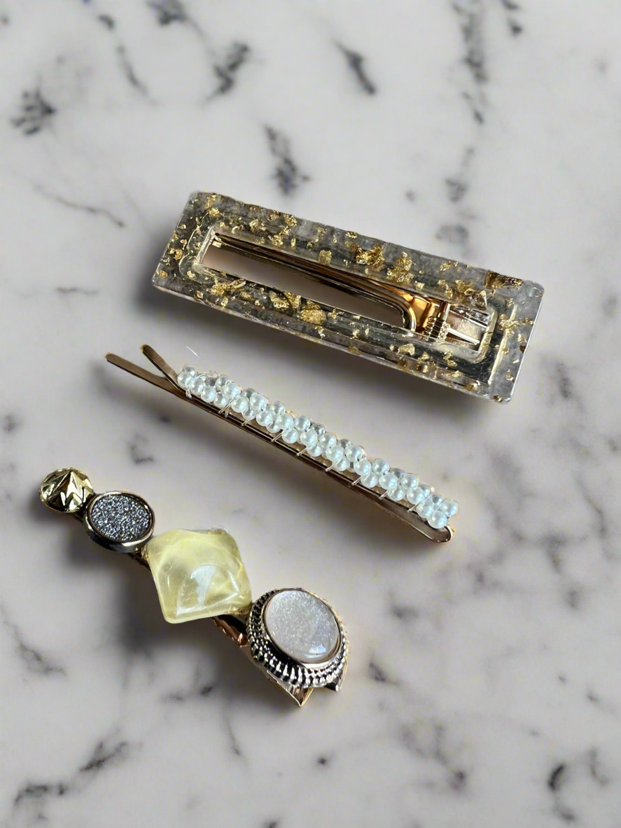Gold Resin & Pearl Hair Slides x3-Fascinators Direct