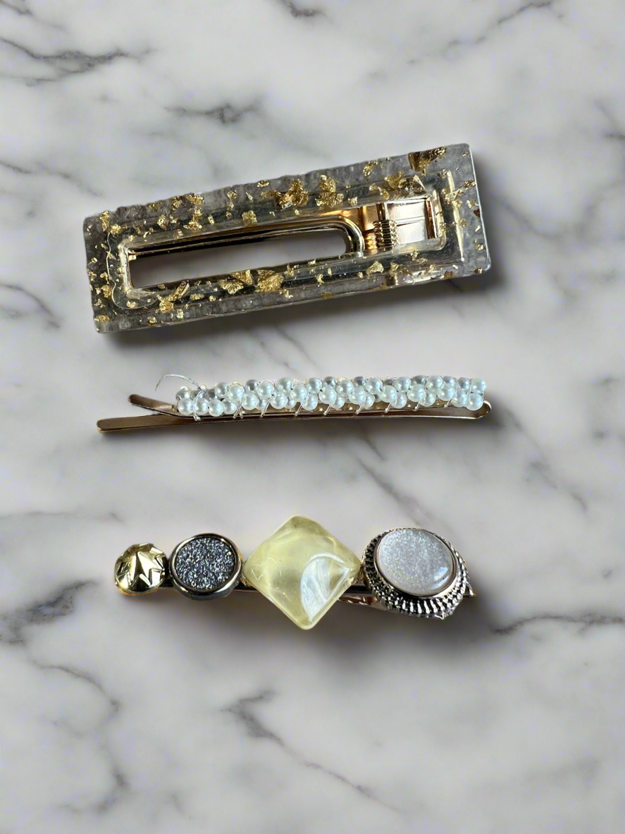 Gold Resin &amp; Pearl Hair Slides x3-Fascinators Direct