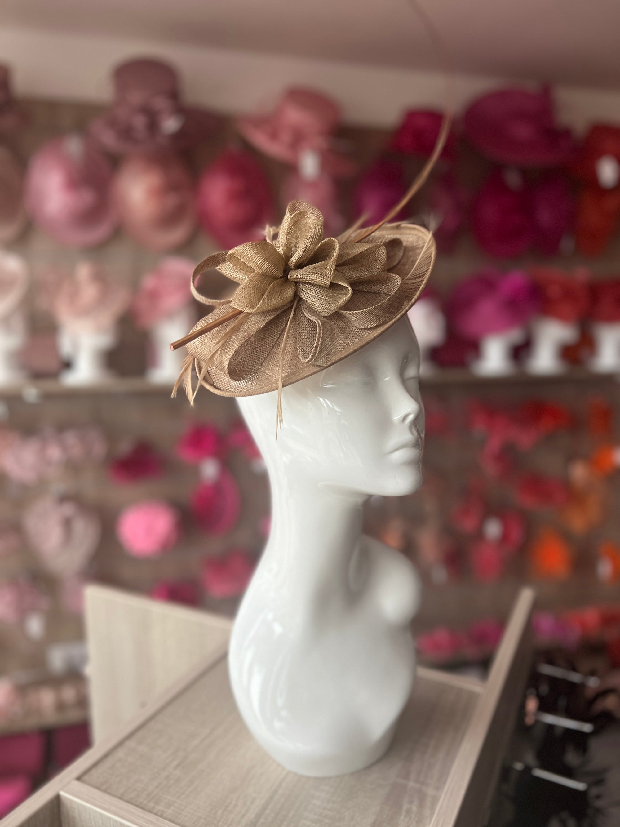 Gold Saucer Fascinator With Flower & Quill-Fascinators Direct