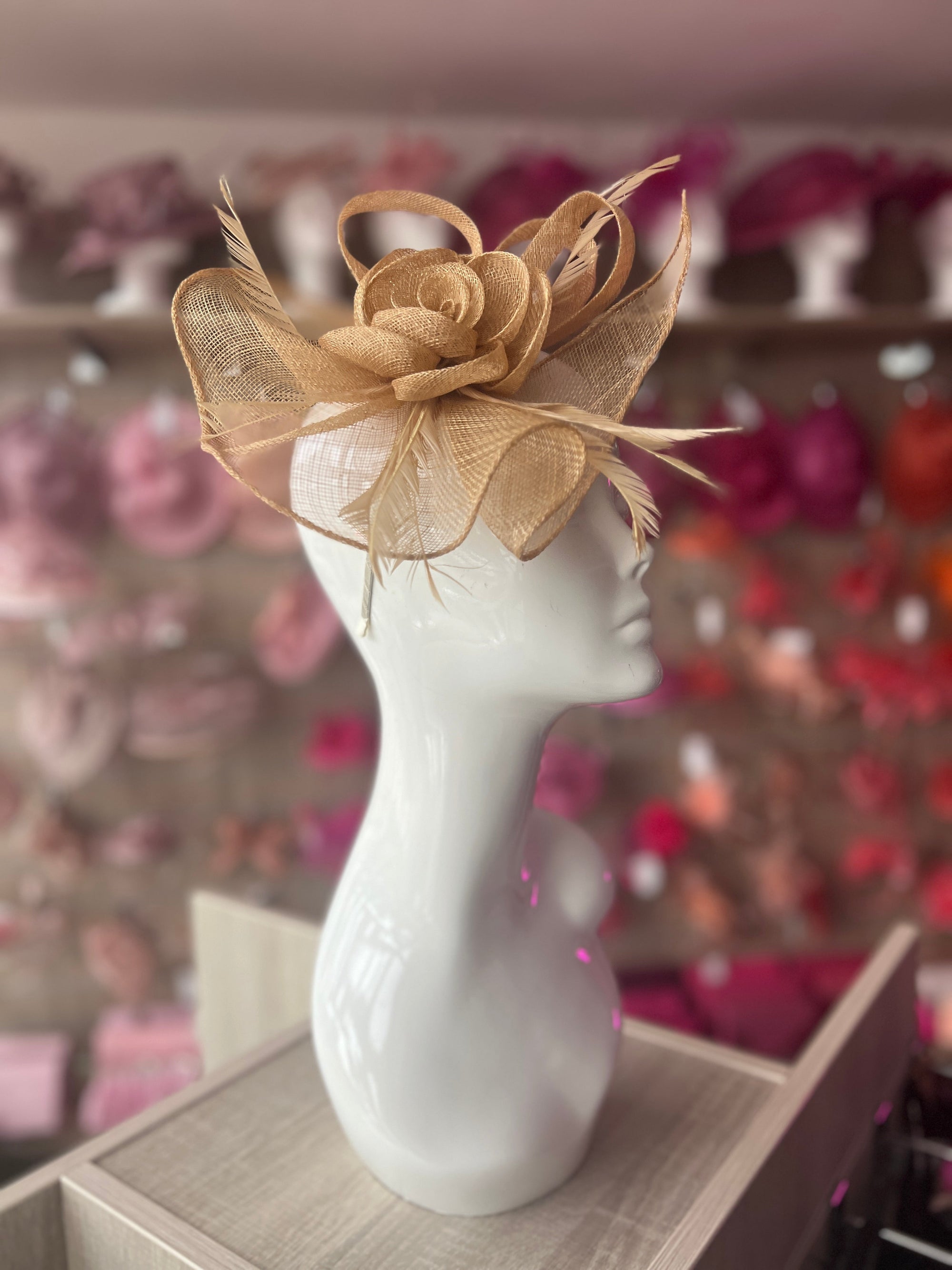 Gold Teardrop Fascinator With Rose & Feathers-Fascinators Direct