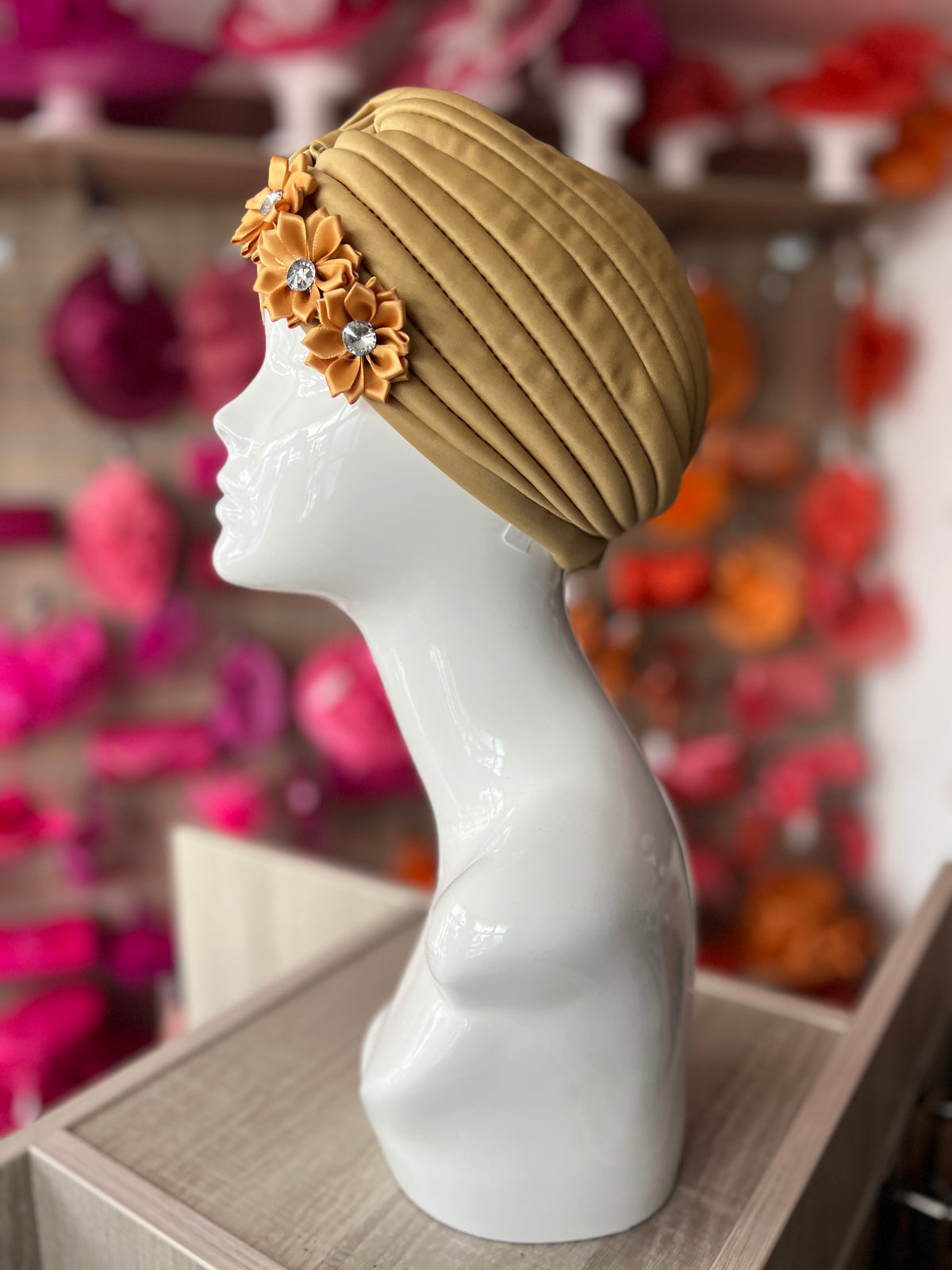 Gold Turban With 3 Embellished Flowers-Fascinators Direct