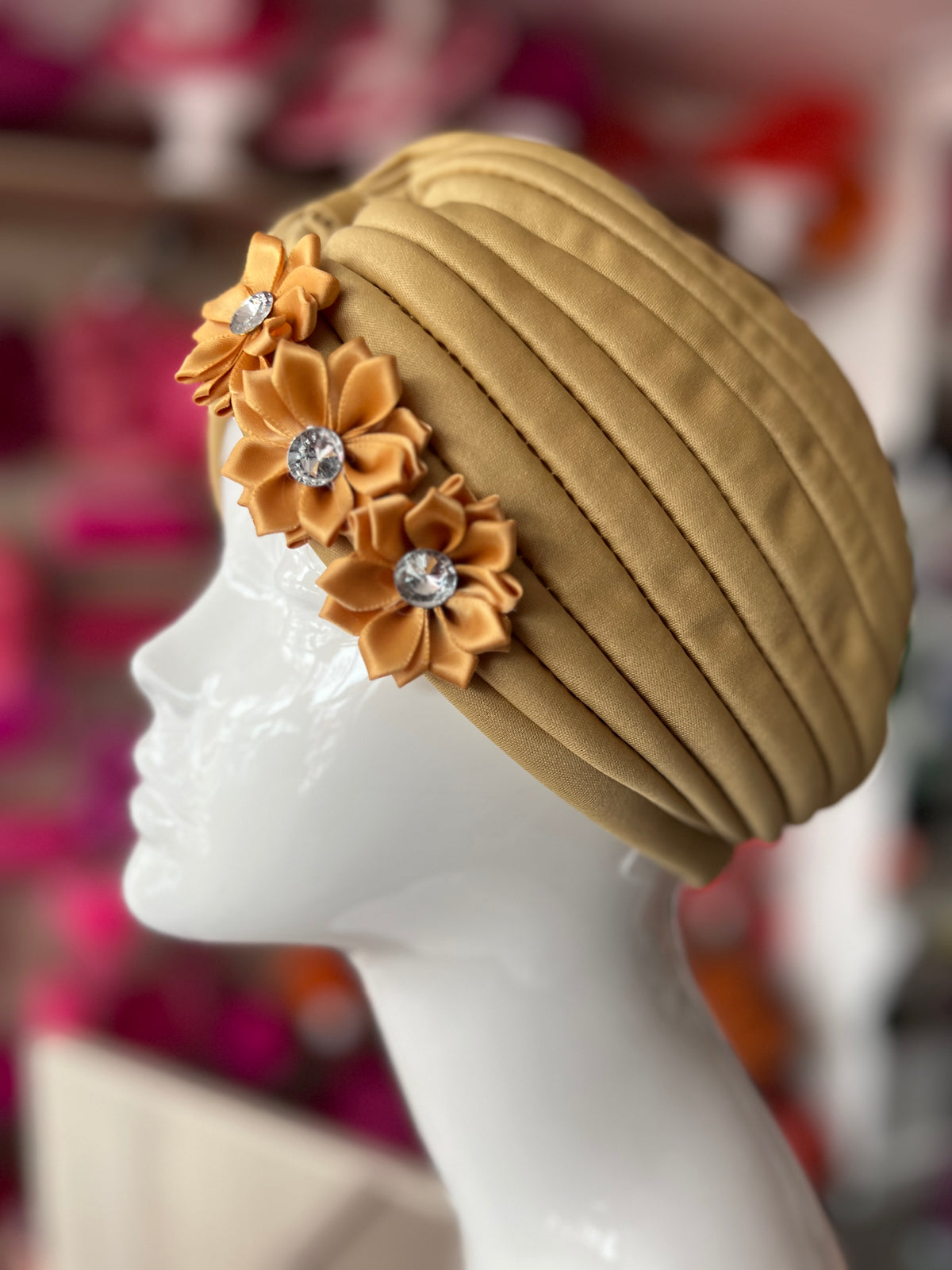 Gold Turban With 3 Embellished Flowers-Fascinators Direct