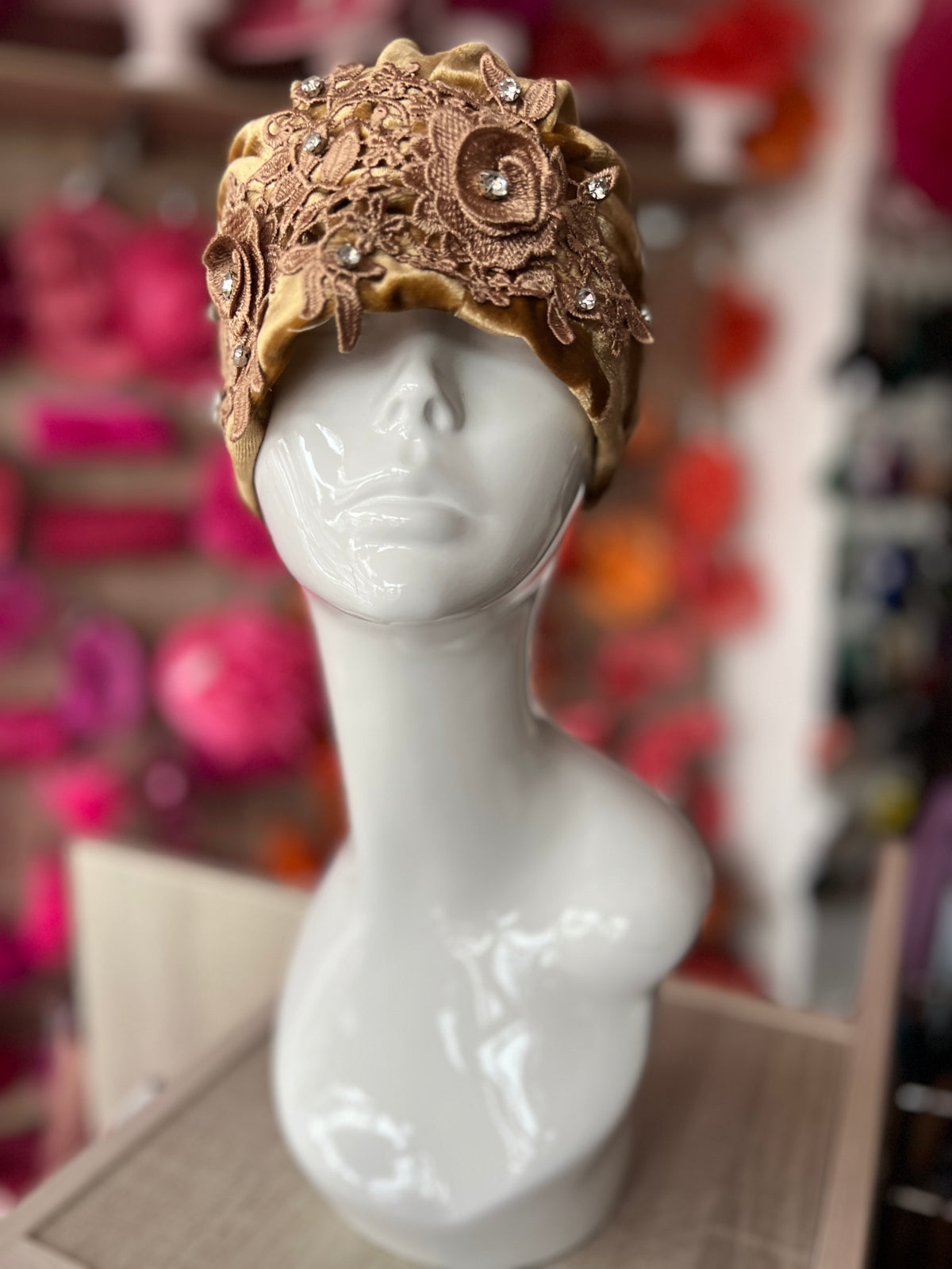 Gold Velvet Turban With Lace Effect Flowers &amp; Diamantes-Fascinators Direct