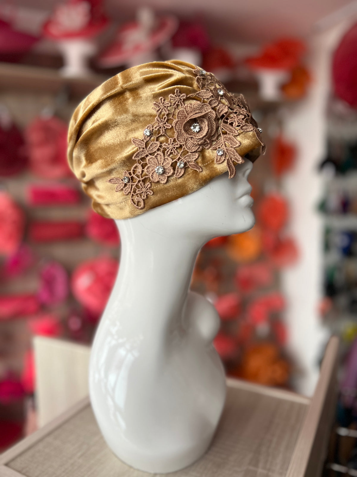 Gold Velvet Turban With Lace Effect Flowers &amp; Diamantes-Fascinators Direct