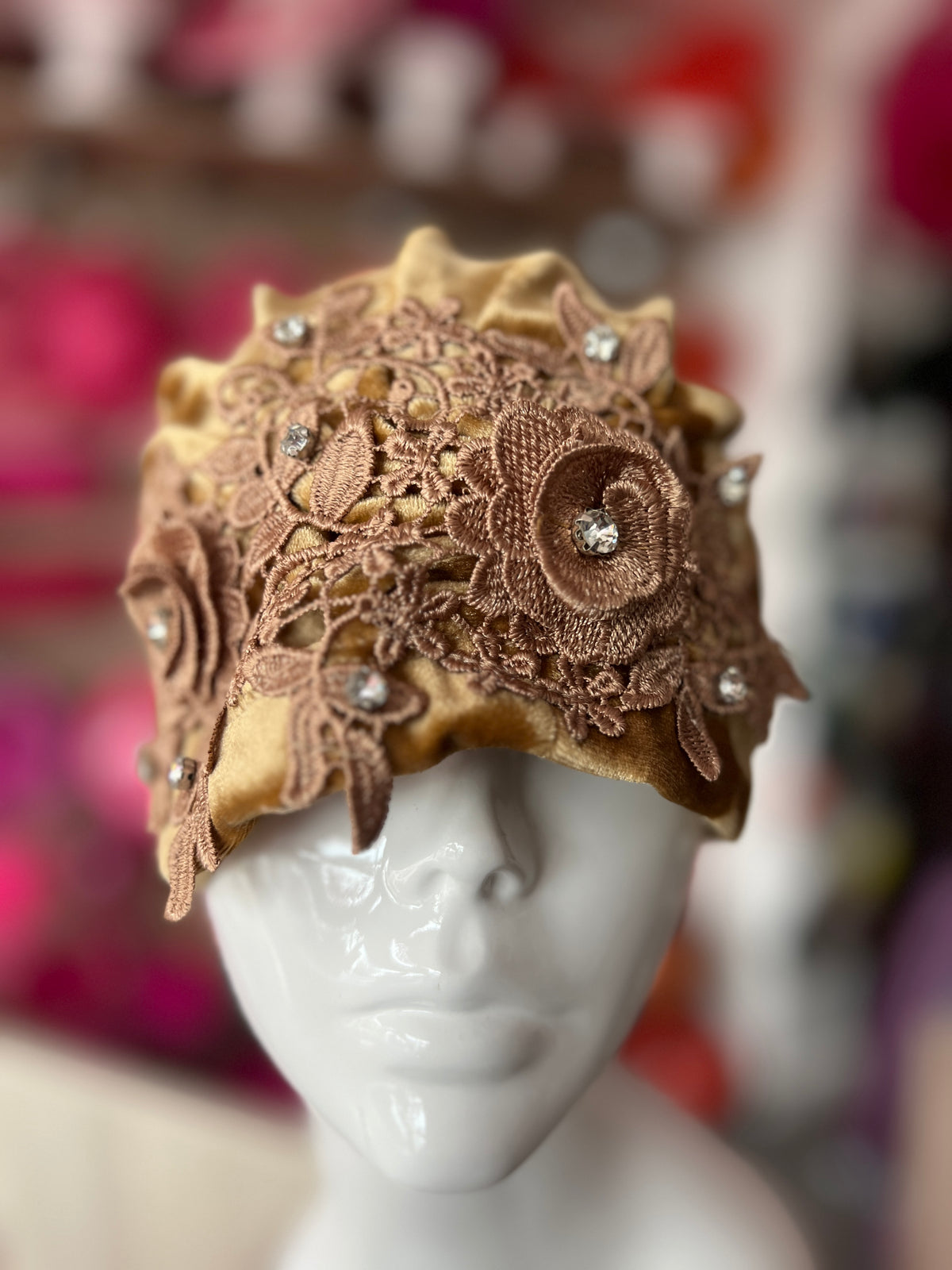 Gold Velvet Turban With Lace Effect Flowers &amp; Diamantes-Fascinators Direct