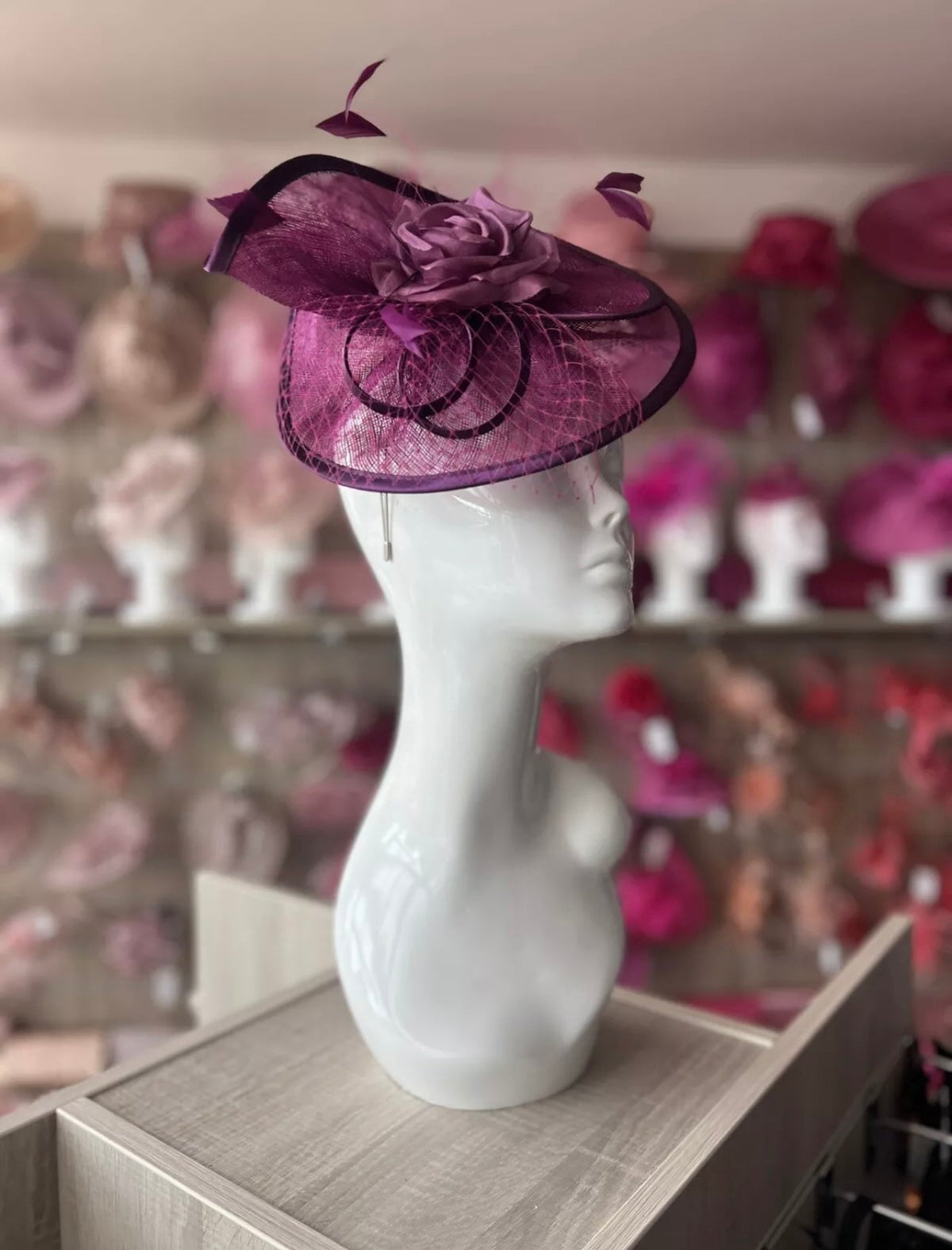 Grape Disc Fascinator with Fabric Rose &amp; Netting-Fascinators Direct