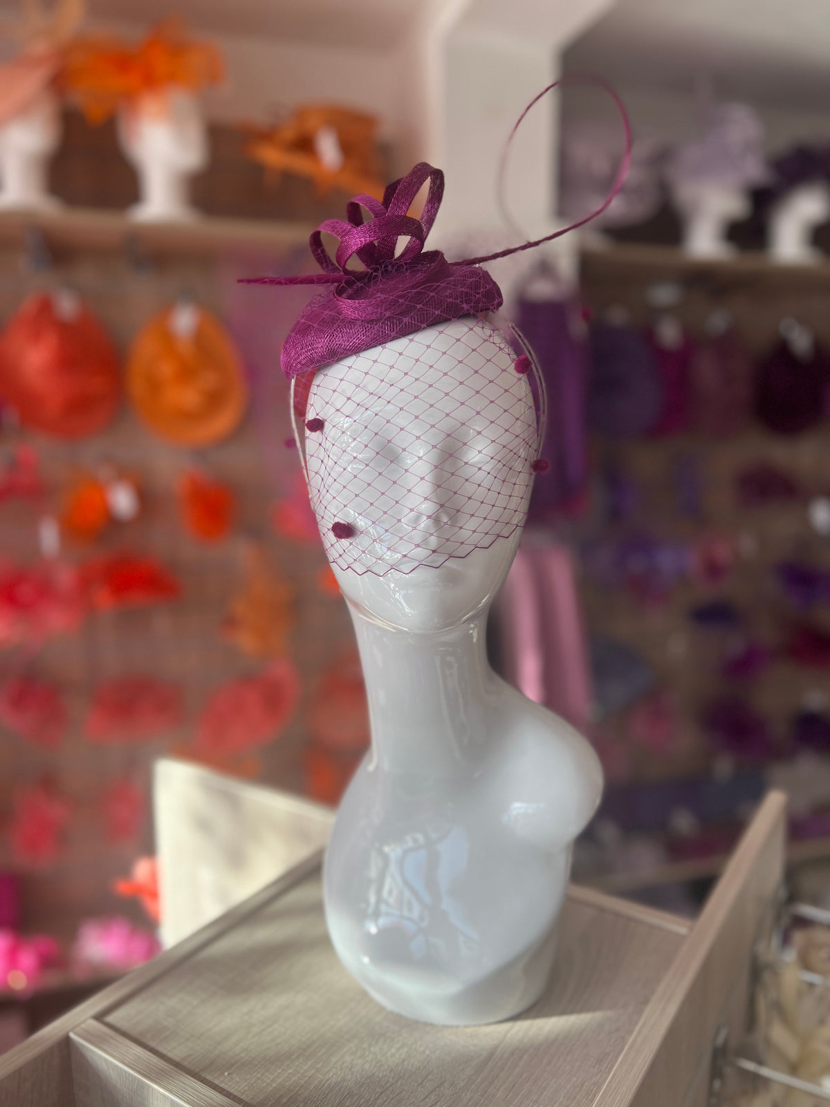 Grape Pillbox Hat with Veil &amp; Curled Quill-Fascinators Direct