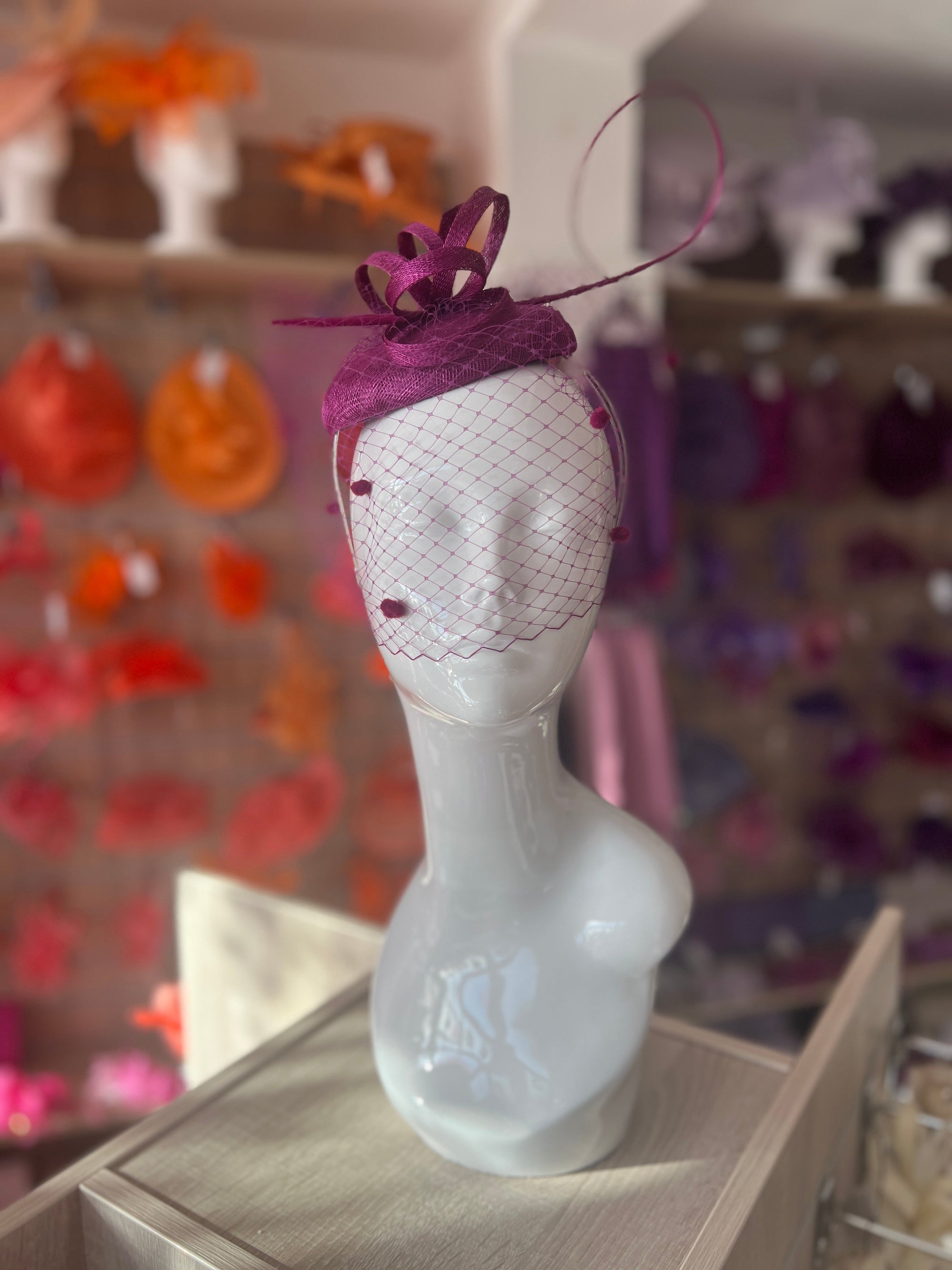 Grape Pillbox Hat with Veil & Curled Quill-Fascinators Direct