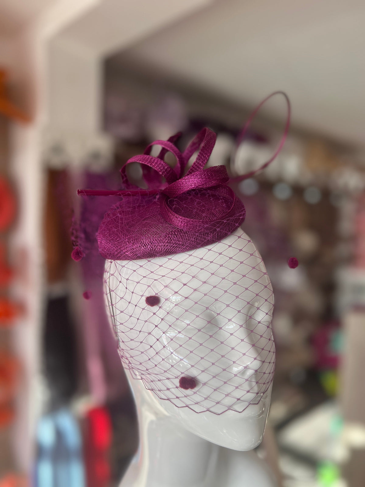 Grape Pillbox Hat with Veil &amp; Curled Quill-Fascinators Direct