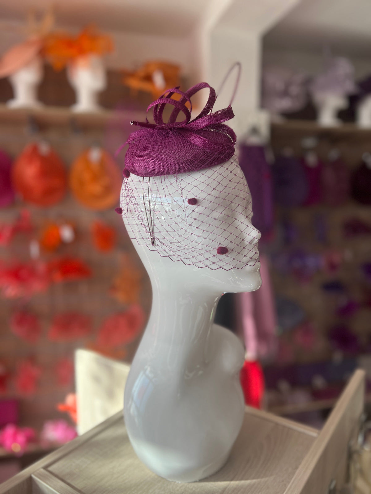 Grape Pillbox Hat with Veil &amp; Curled Quill-Fascinators Direct