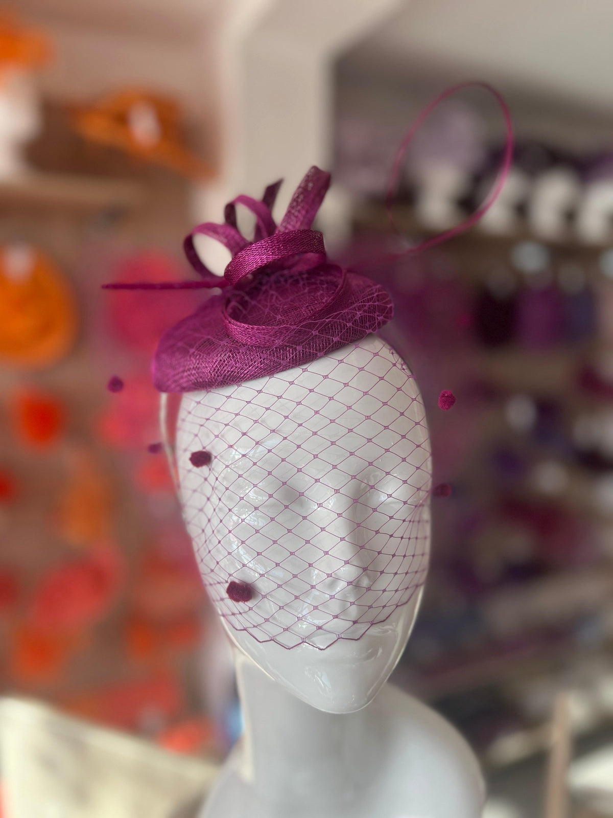 Grape Pillbox Hat with Veil &amp; Curled Quill-Fascinators Direct