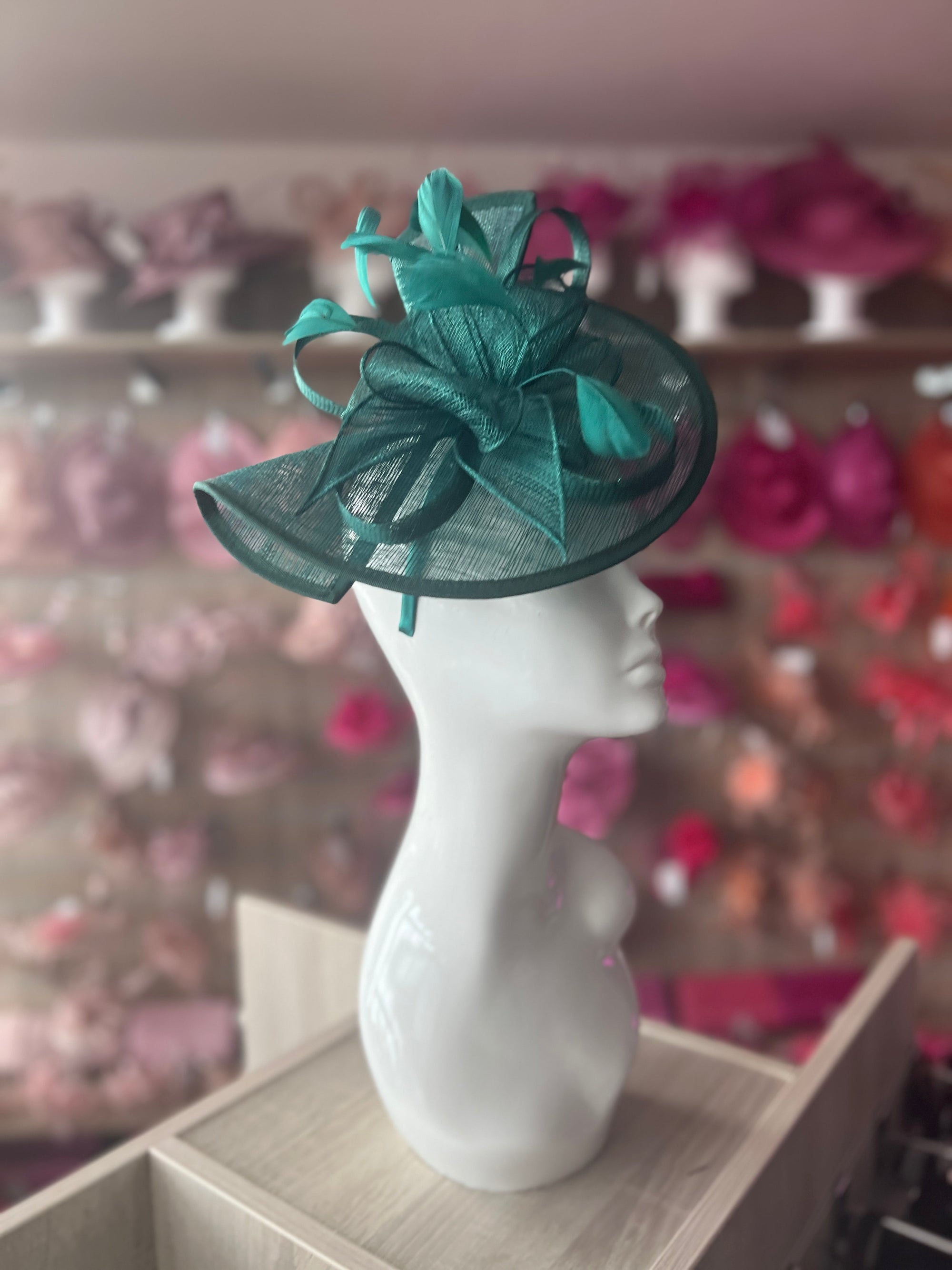 Green Asymmetric Disc Fascinator With Feathers-Fascinators Direct