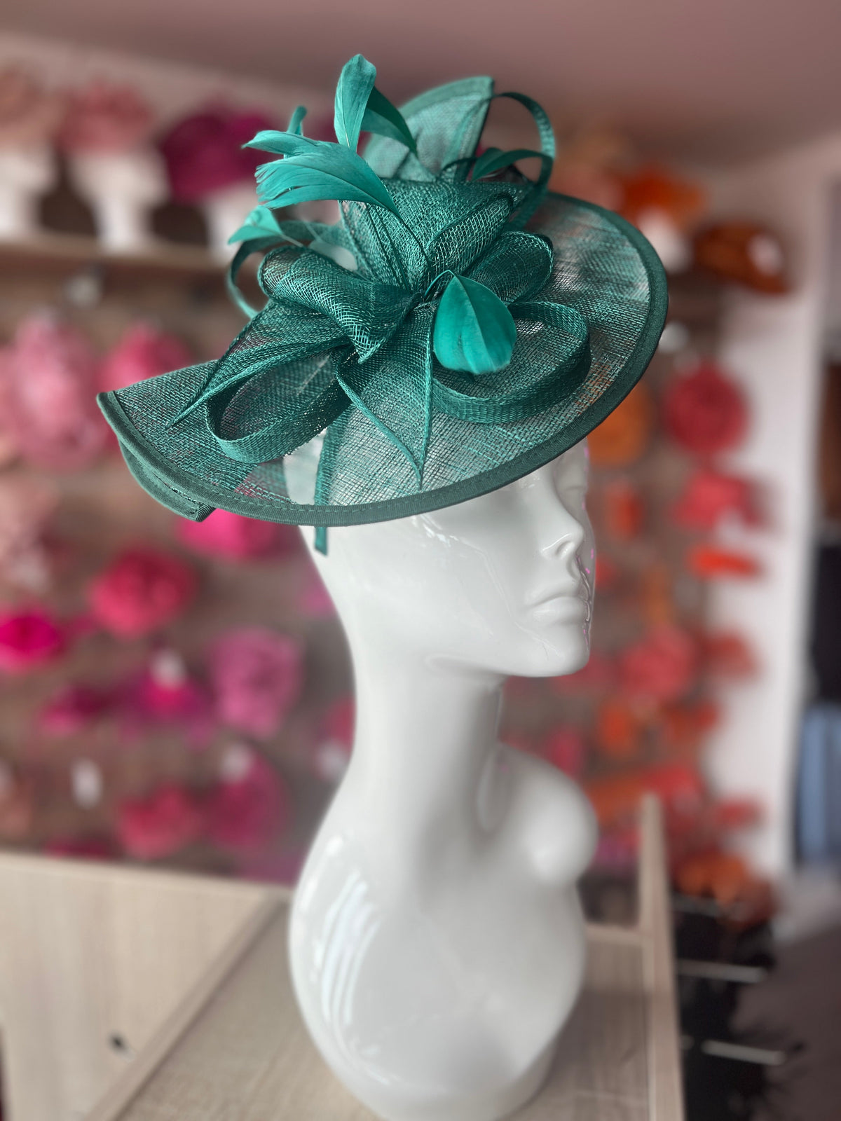 Green Asymmetric Disc Fascinator With Feathers-Fascinators Direct