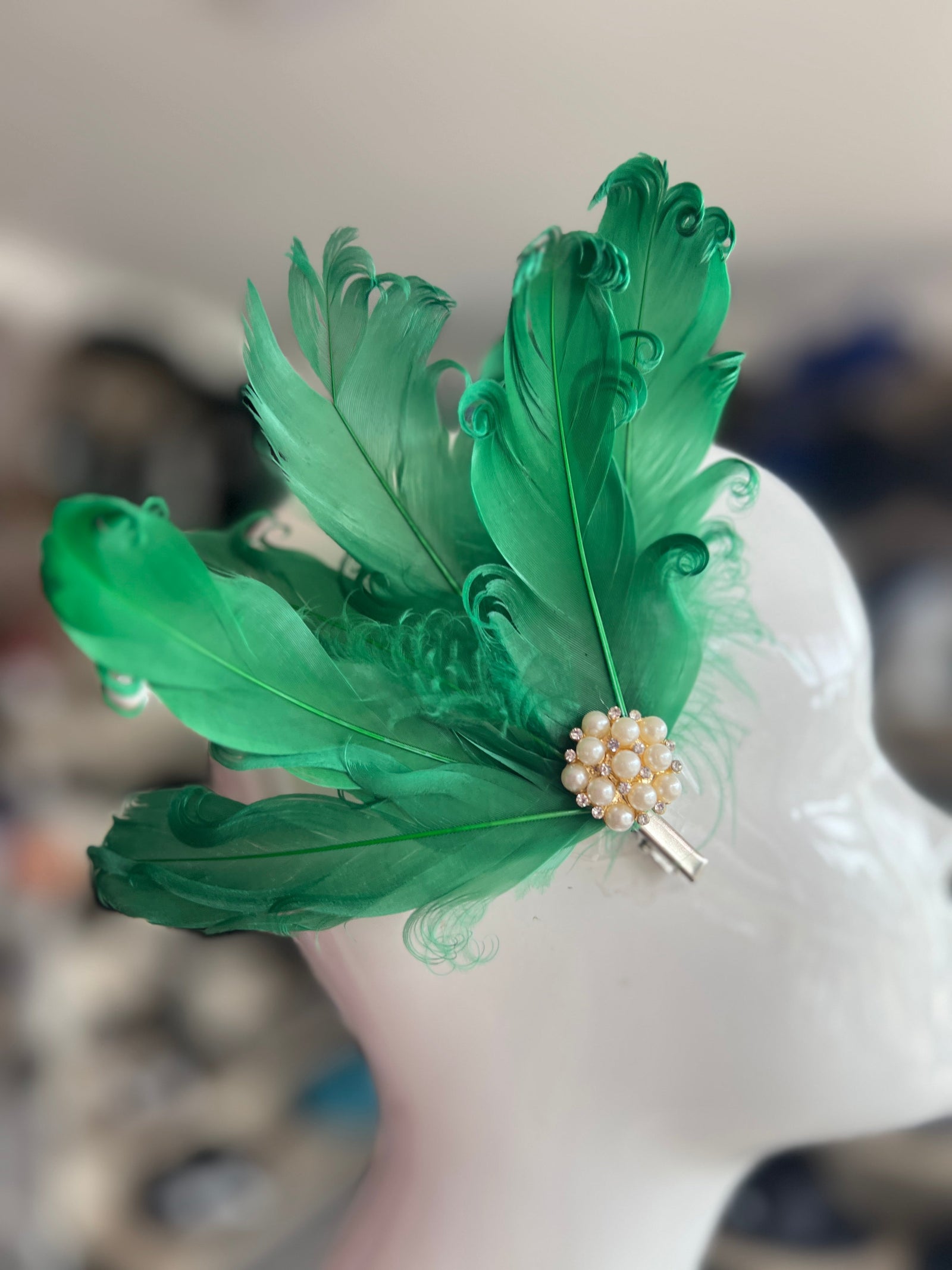 Green Fascinator Clip with Vintage Feathers & Pearls-Fascinators Direct