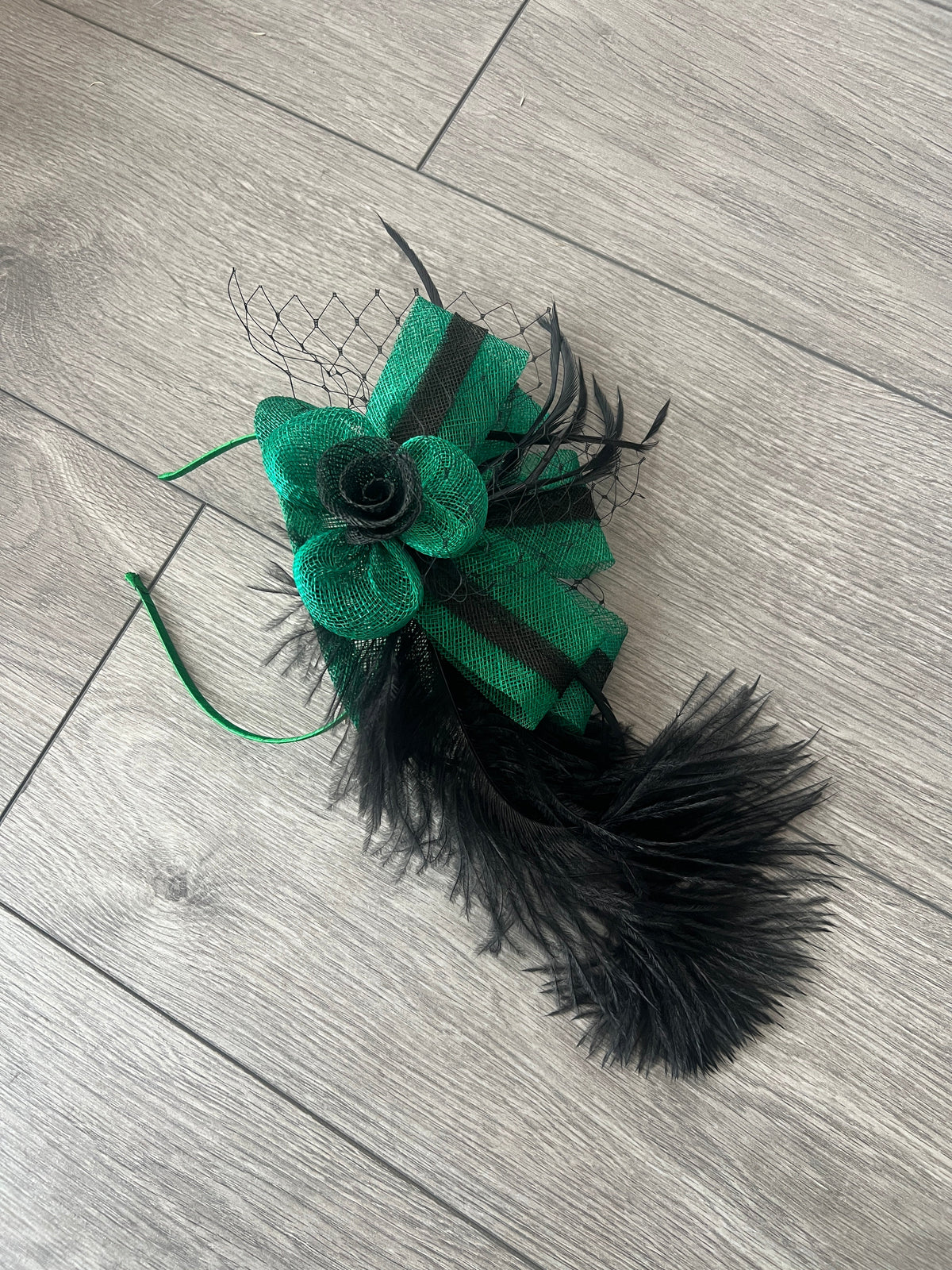 Green Fascinator Headband With Large Black Feathers-Fascinators Direct