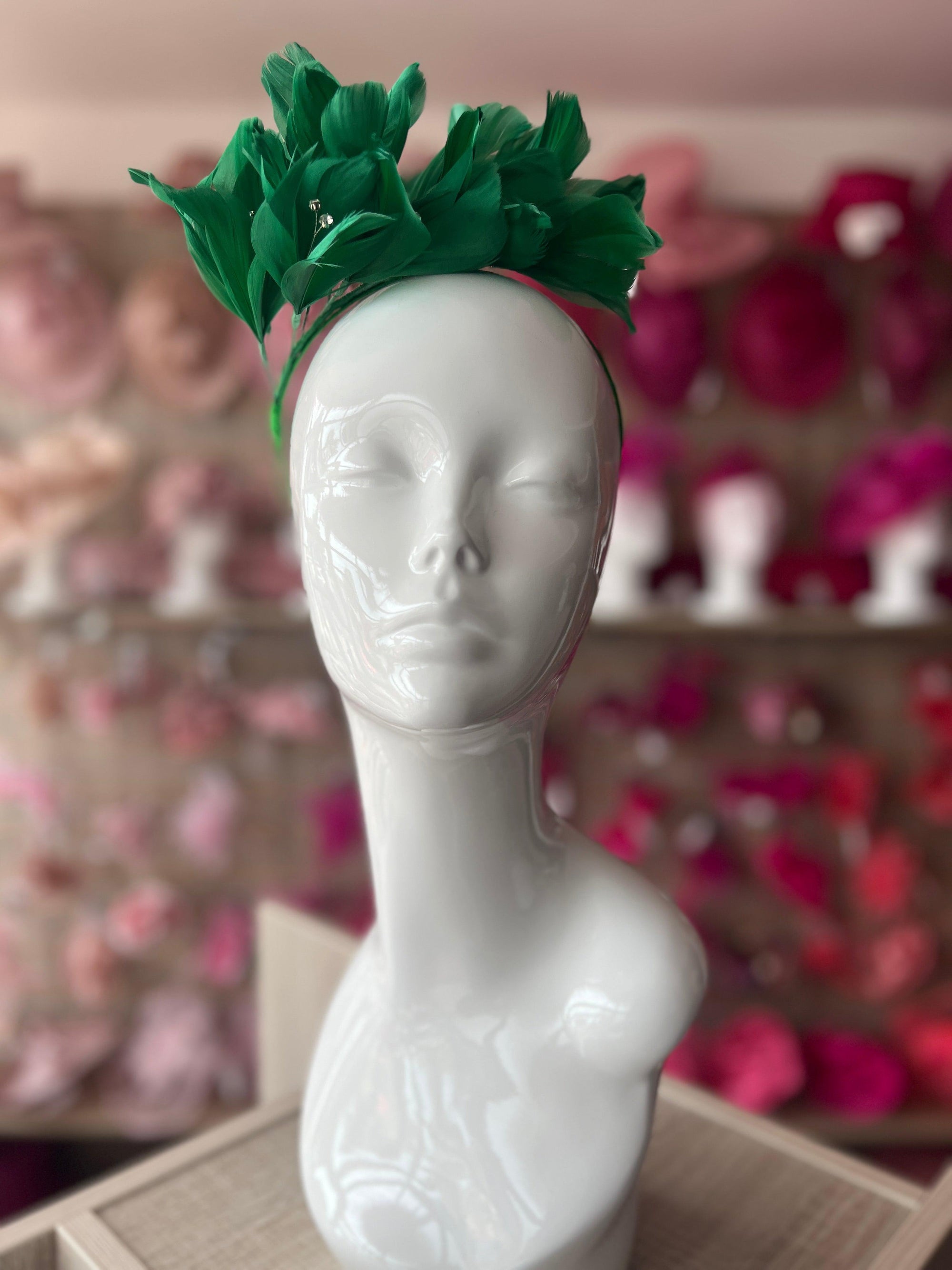 Green Fascinator Headband with Feather Petals & Diamanté-Fascinators Direct