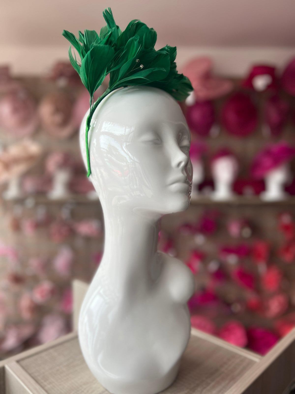 Green Fascinator Headband with Feather Petals &amp; Diamanté-Fascinators Direct