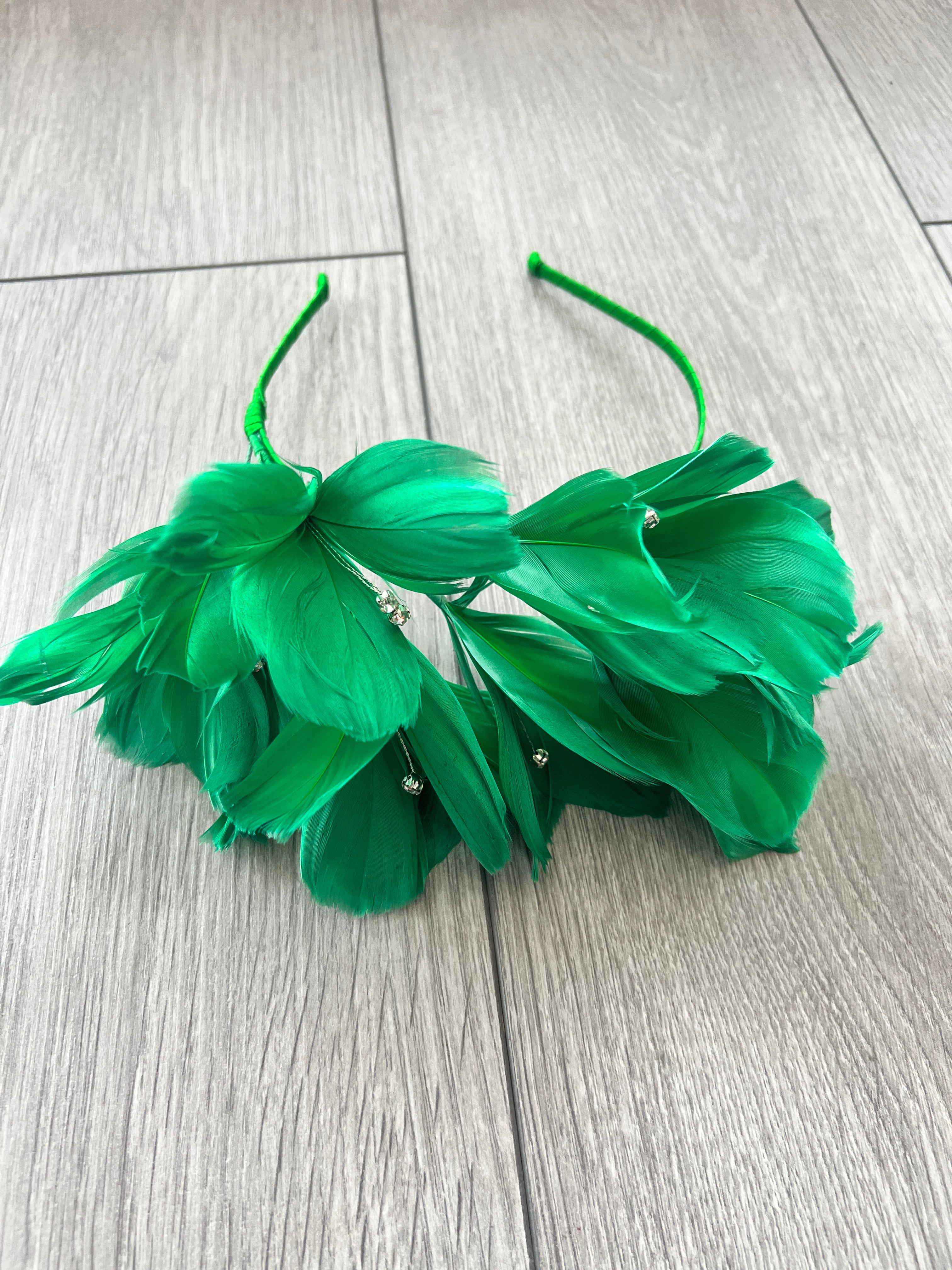 Green Fascinator Headband with Feather Petals & Diamanté