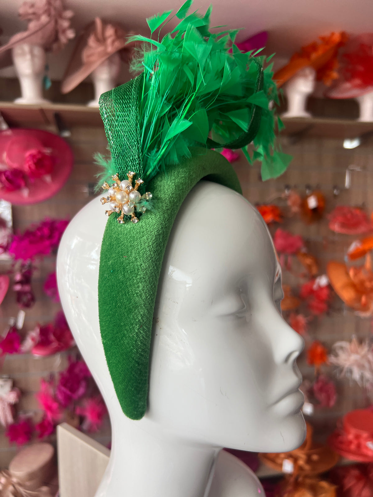 Green Feather Velvet Padded Headband Fascinator With Diamante &amp; Pearl Cluster-Fascinators Direct
