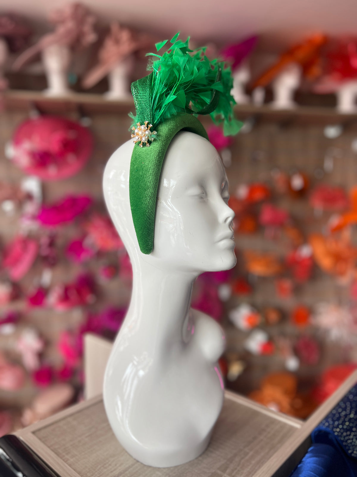 Green Feather Velvet Padded Headband Fascinator With Diamante &amp; Pearl Cluster-Fascinators Direct